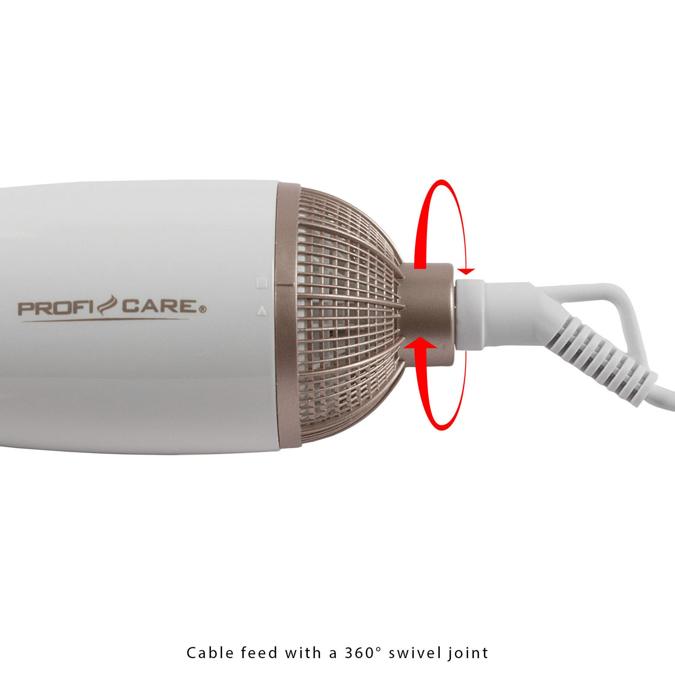 Biała i beżowa suszarka do włosów z obrotowym połączeniem kablowym 360 stopni.