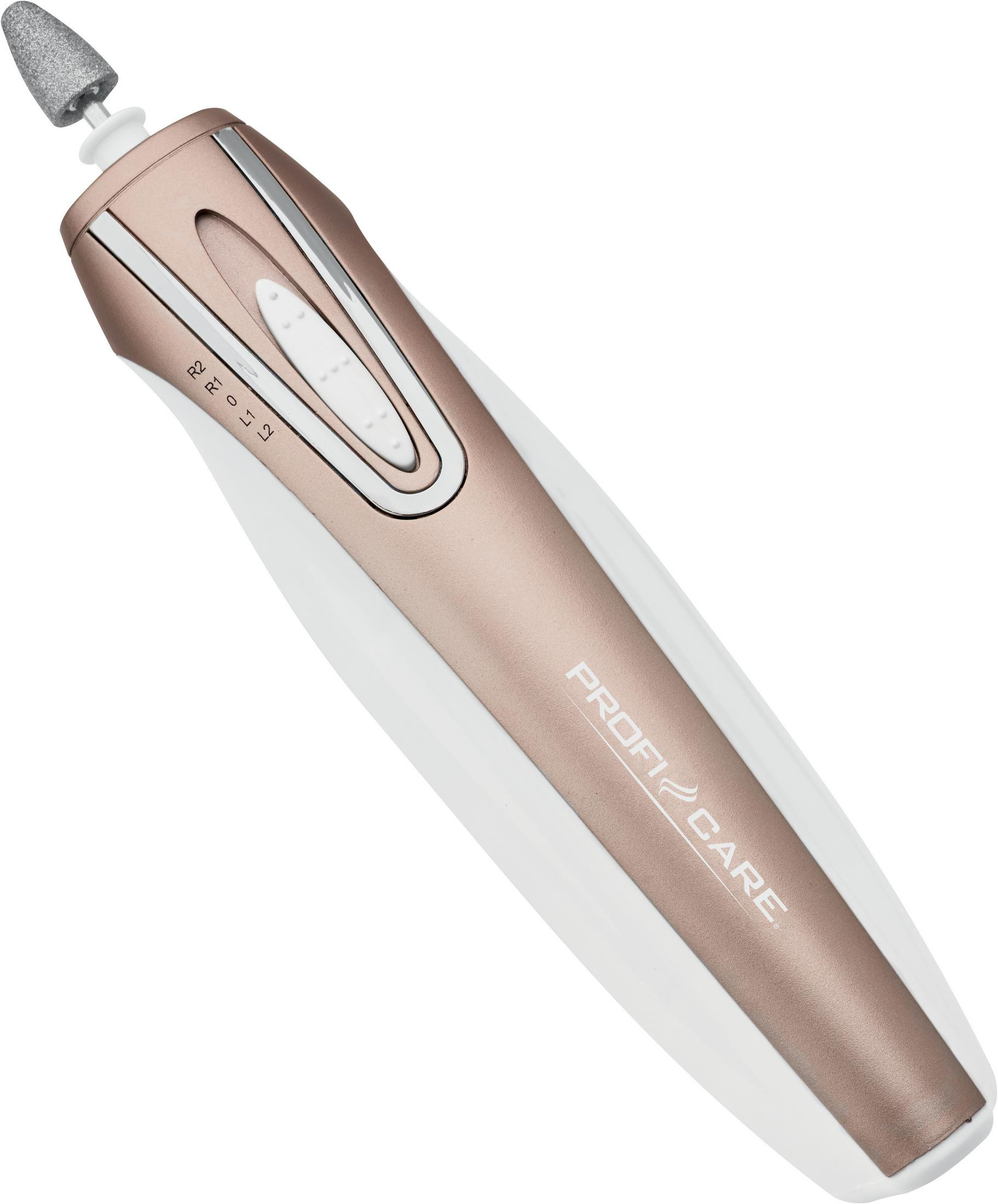 Różowo-złota frezarka do paznokci z białą podstawą. Widoczny tekst PROFI CARE.