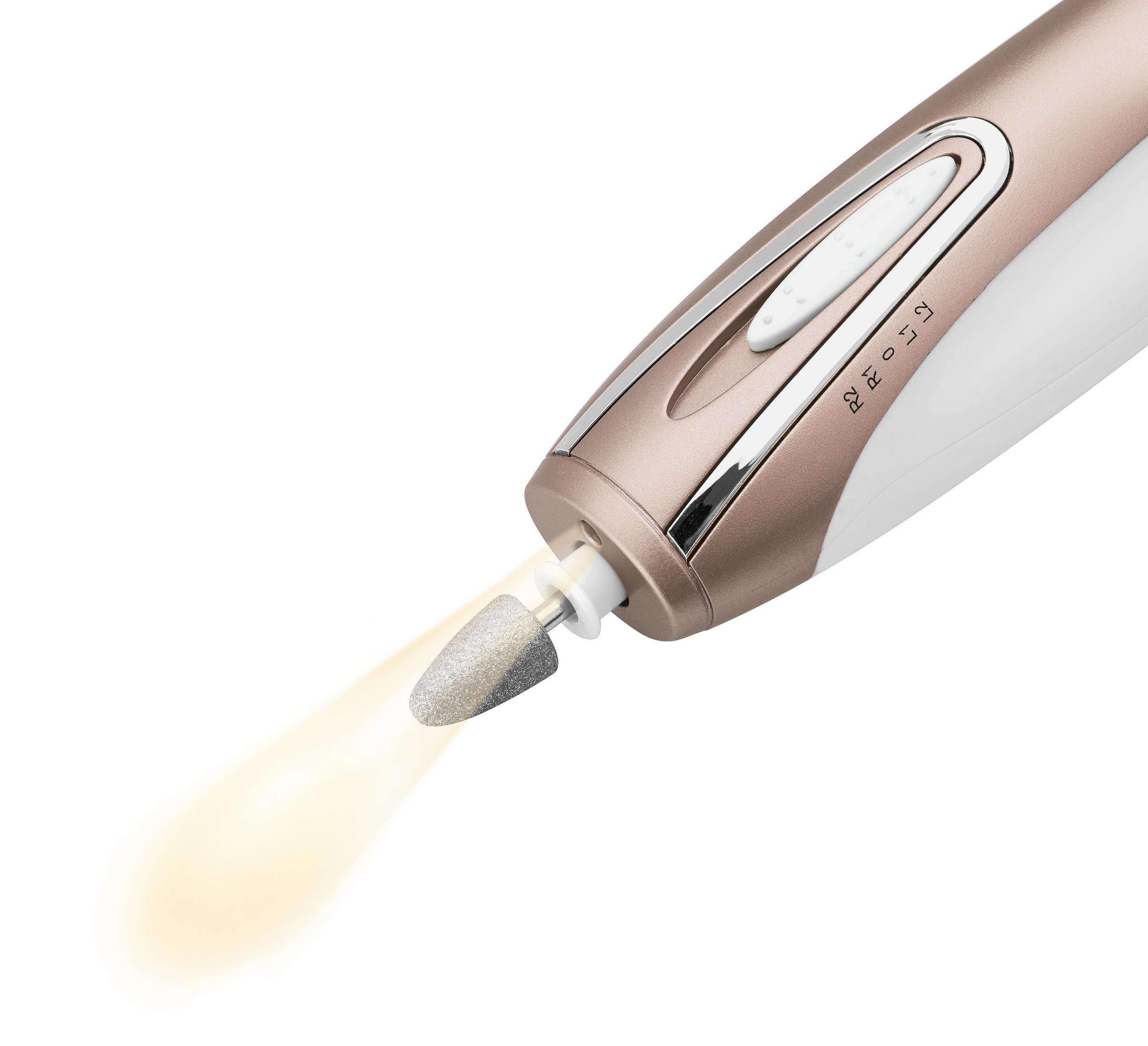 Zbliżenie na różowo-złoty pilnik do paznokci z wiązką światła dochodzącą z przodu.