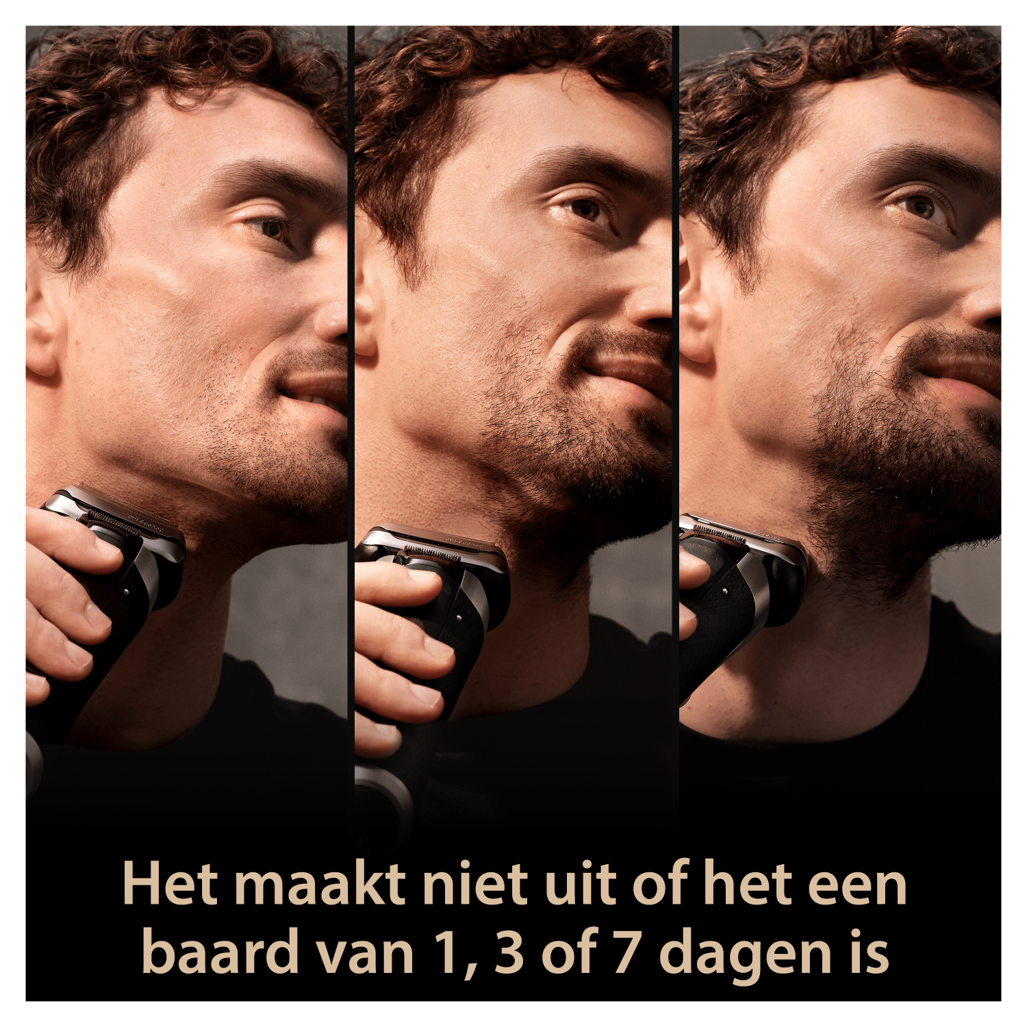 Trzy obrazy pokazujące mężczyznę golącego twarz golarką elektryczną, z tekstem na dole.