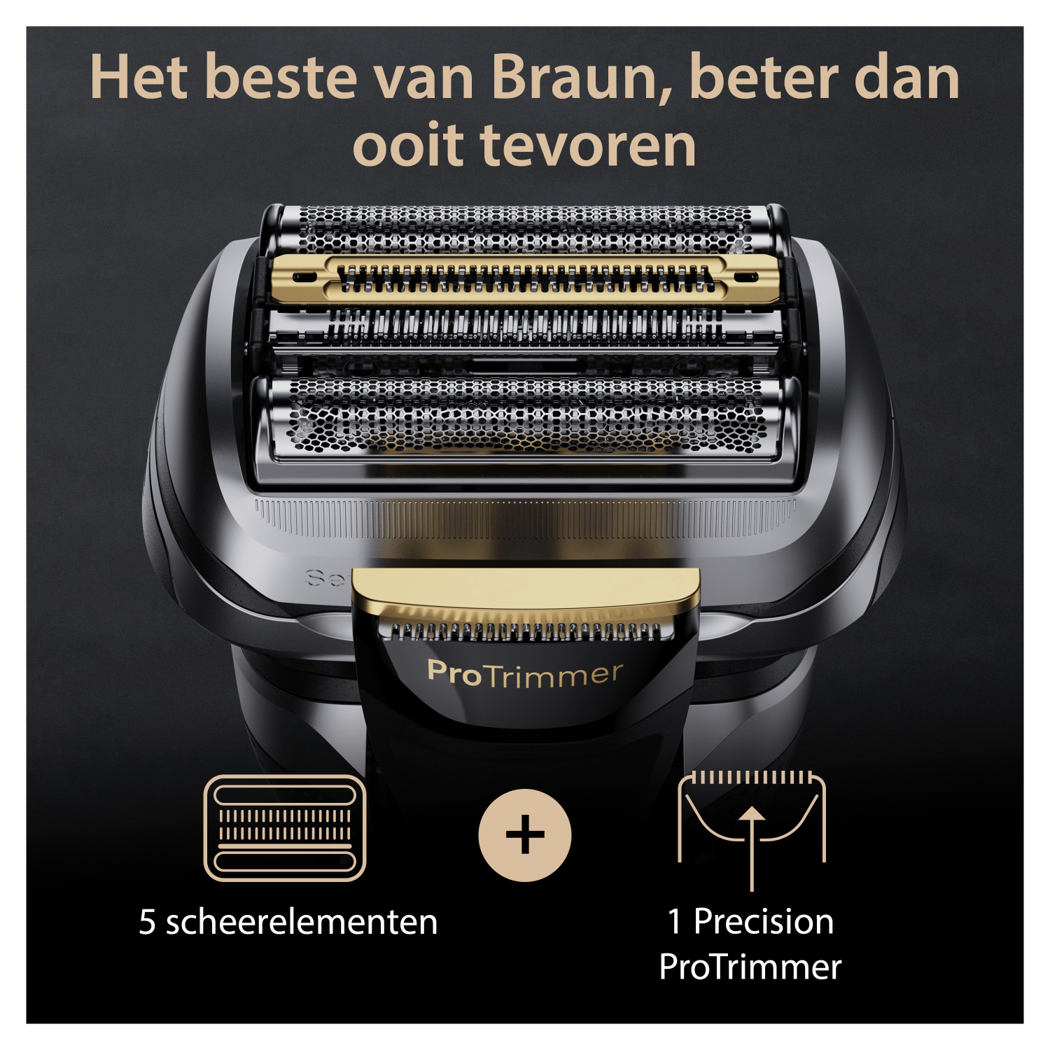 Głowica golarki Braun ze złotymi ostrzami, częściami i etykietami tekstowymi.