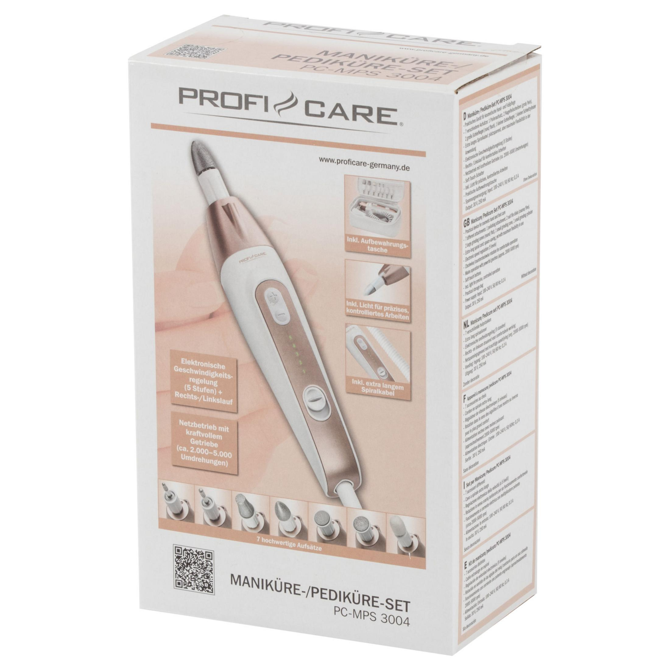 Pudełko zestawu do manicure-pedicure z tekstem i maszynką do pielęgnacji paznokci z narzędziami. Białe tło.