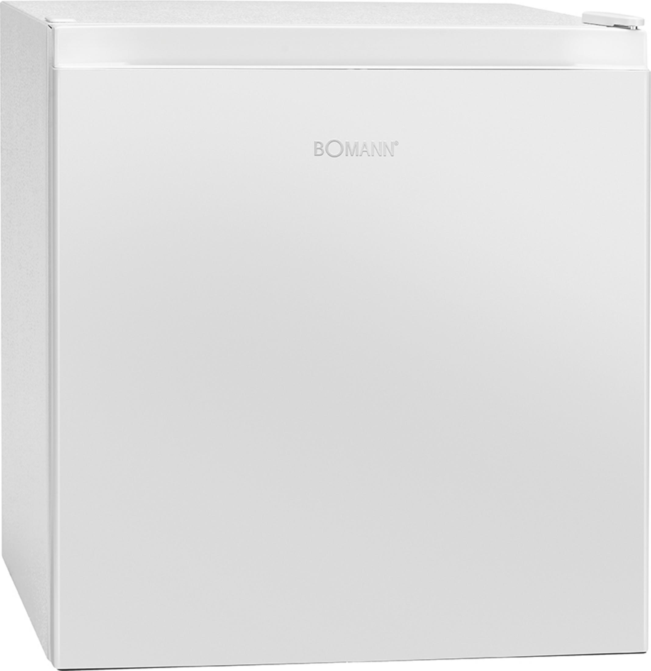Biała mini-lodówka Bomann z nazwą marki.