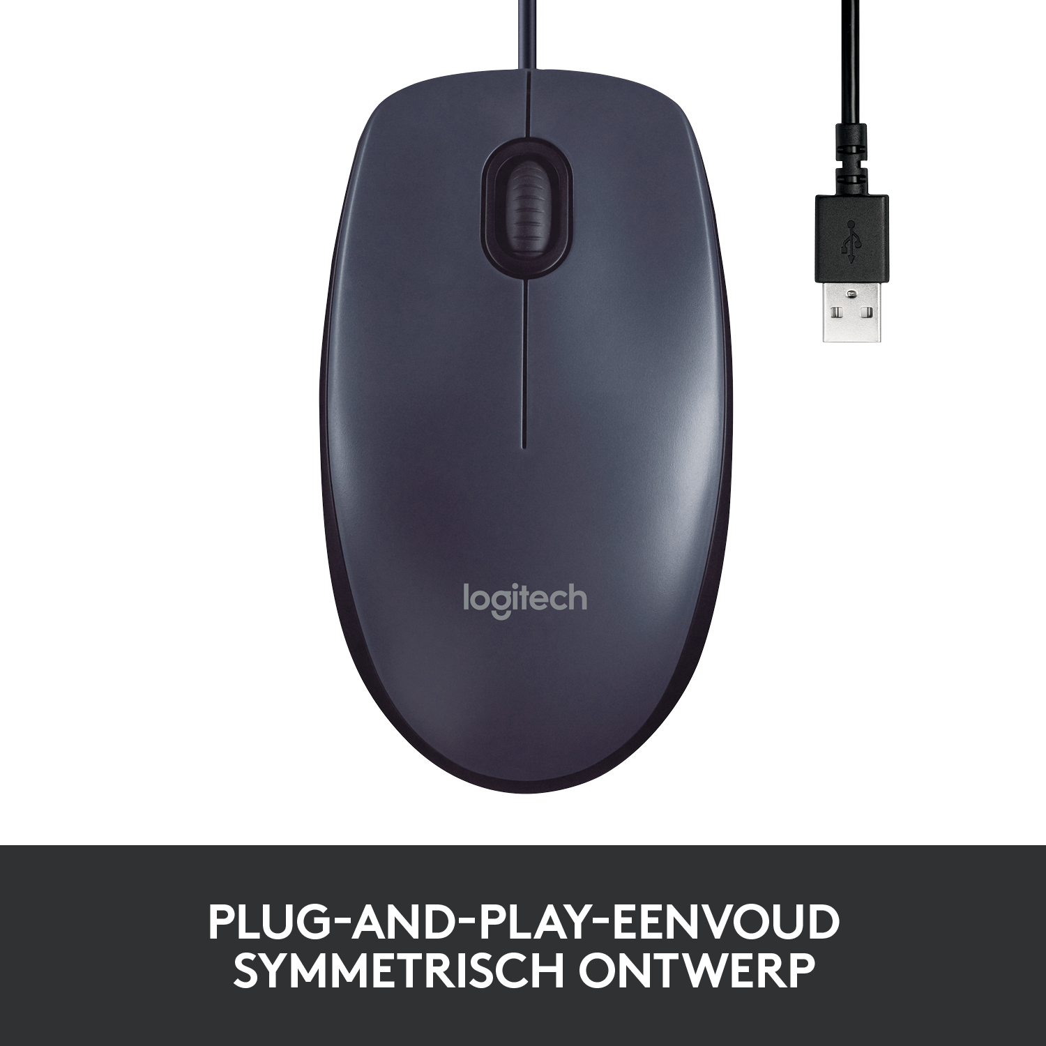 Ciemnoszara mysz Logitech z czarnym kablem USB. Białe tło.
