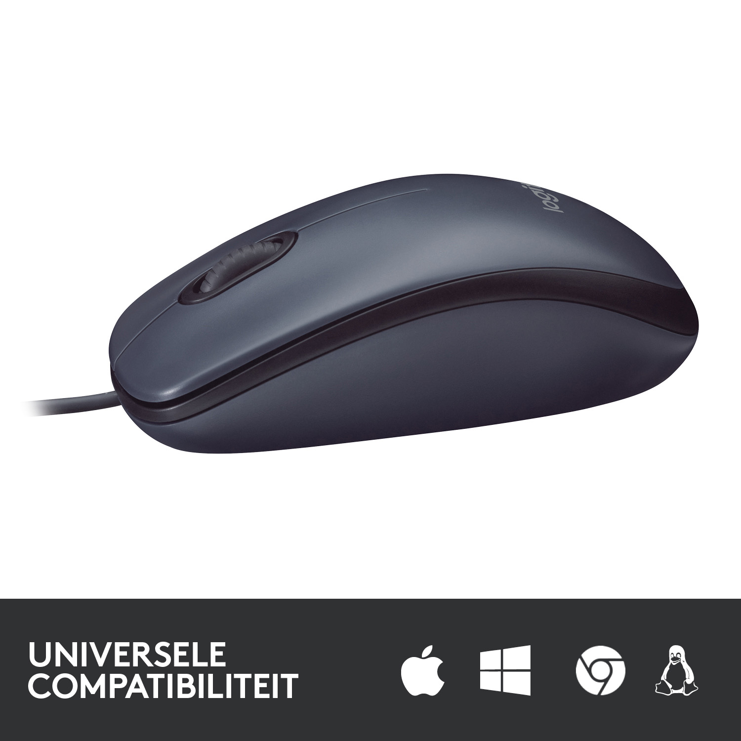 Czarna mysz komputerowa z kółkiem przewijania. Posiada logo i słowo "Logitech" na białym tle.