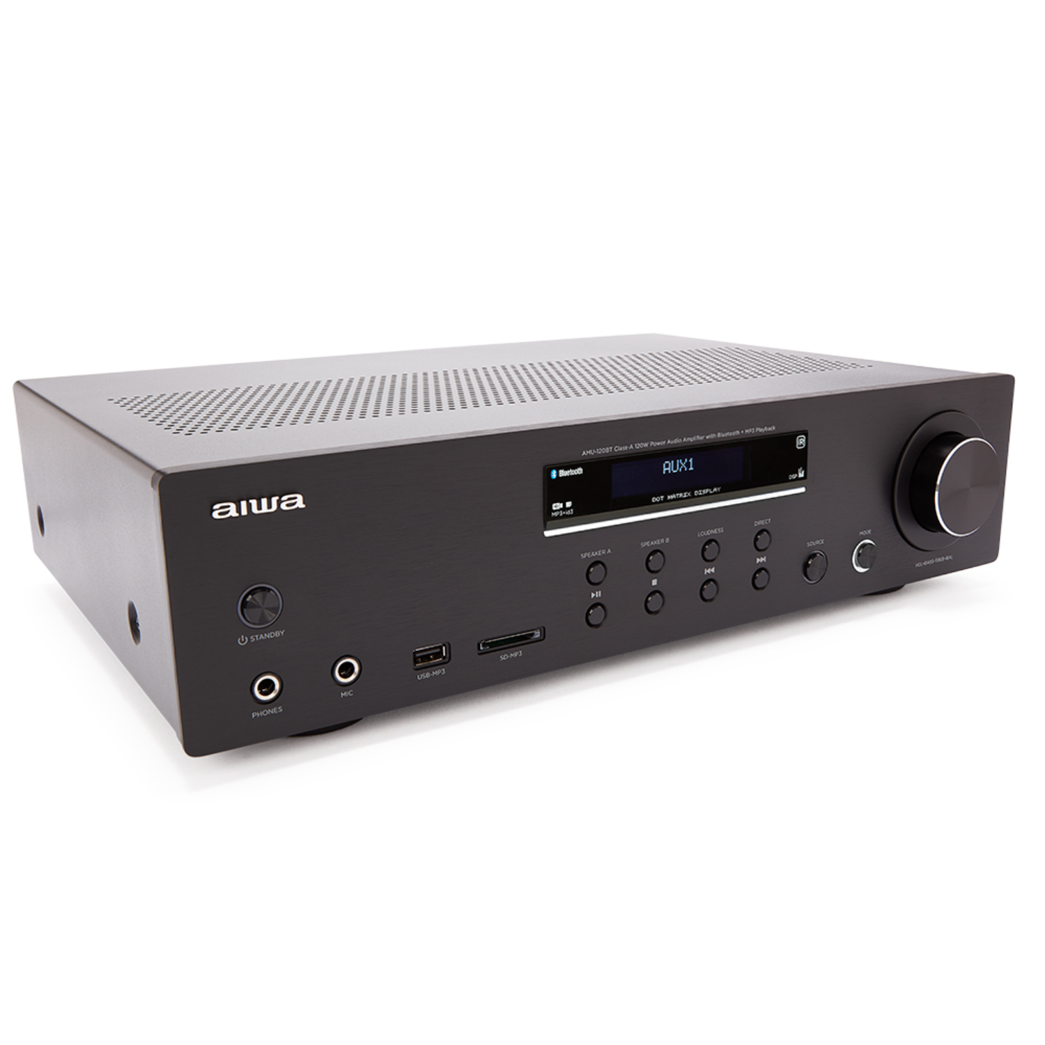 Schwarzer Aiwa-Stereo-Receiver mit Display und Knöpfen. Funktionen: Bluetooth, USB und Lautsprecherausgänge.