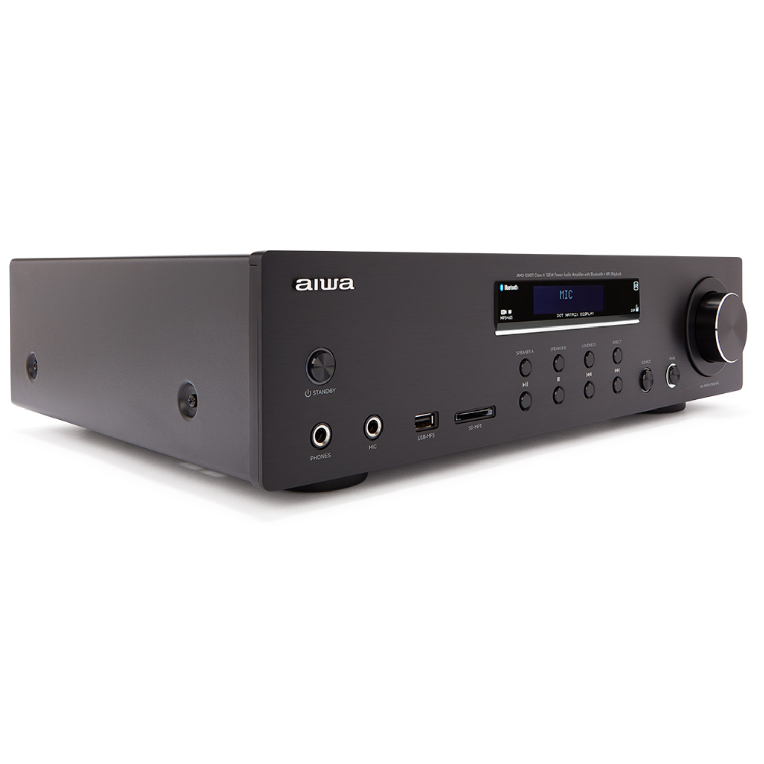 Schwarzer Aiwa-Verstärker mit mehreren Knöpfen und Display, mit Drehregler rechts.