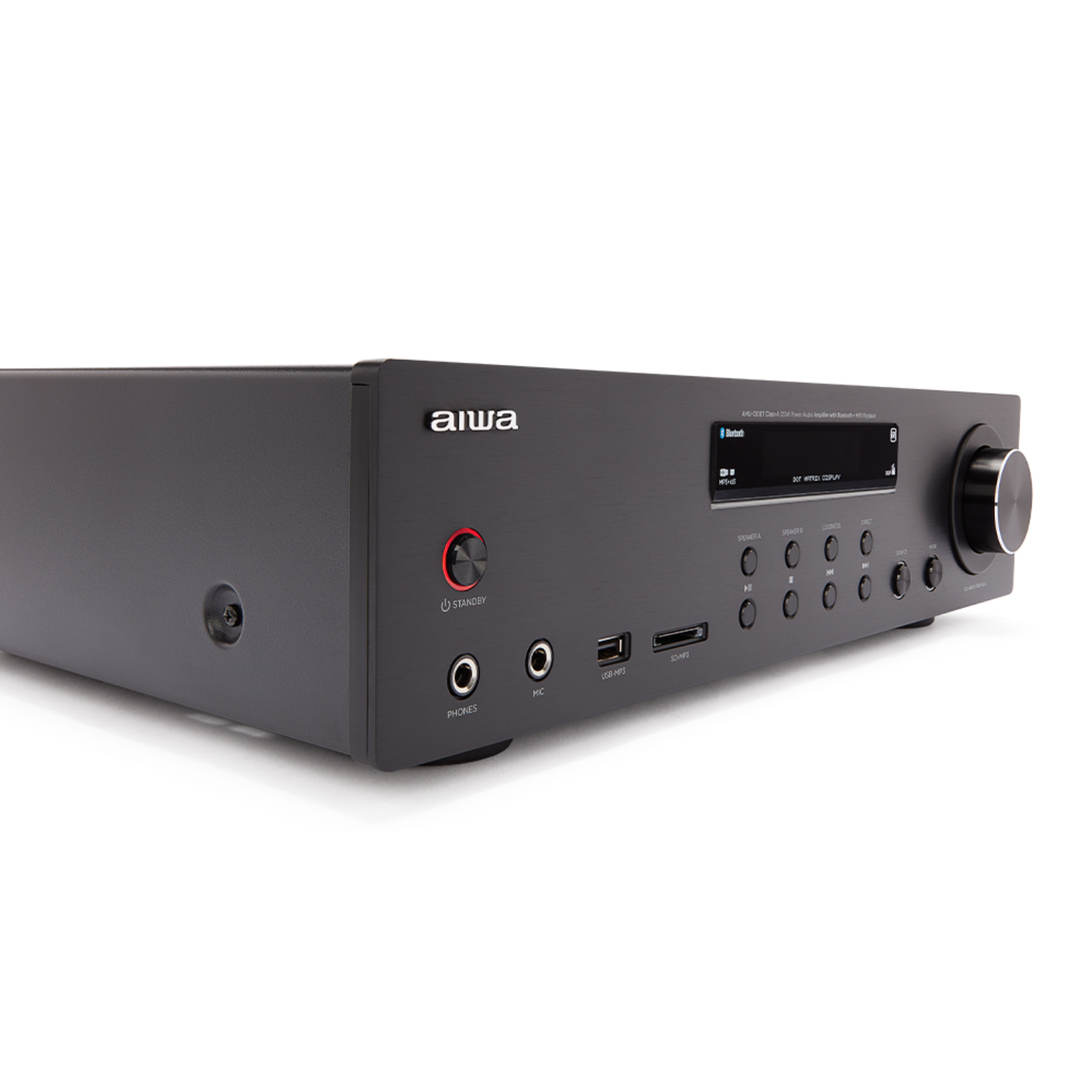 Ein schwarzer Aiwa-Stereo-Receiver mit Knöpfen, Anschlüssen und einem Lautstärkeregler auf weißem Hintergrund.