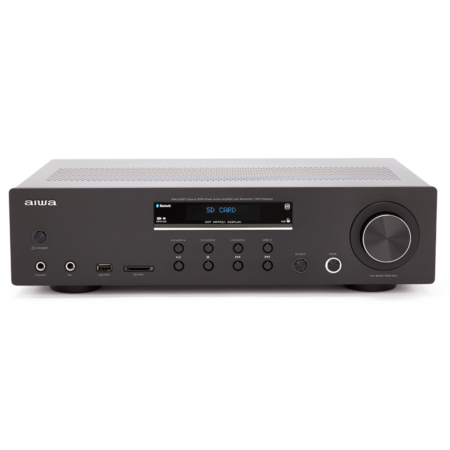Schwarzer Aiwa Stereo-Receiver mit verschiedenen Eingängen und Display. Weißer Hintergrund.