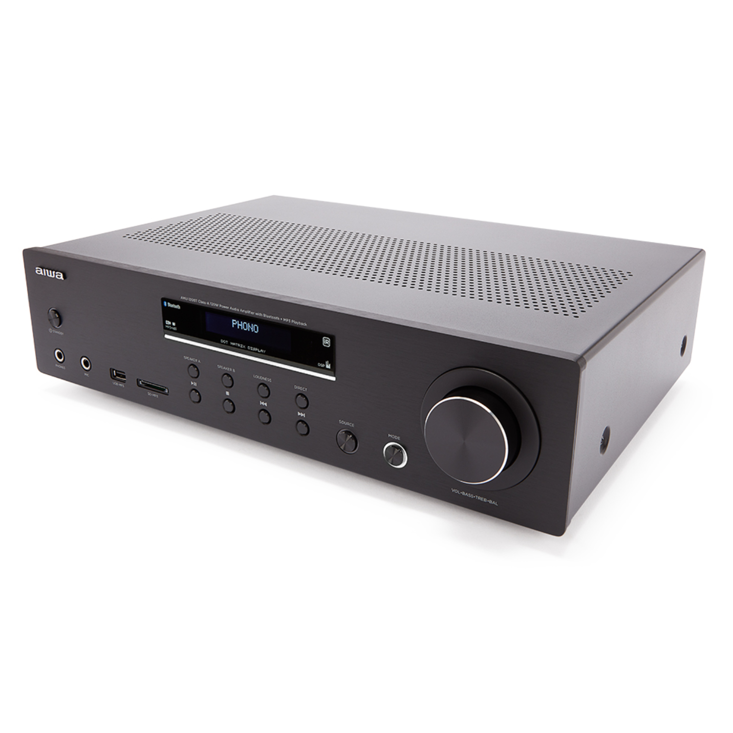 Schwarzer AIWA Stereo-Receiver mit verschiedenen Knöpfen und einem Display.