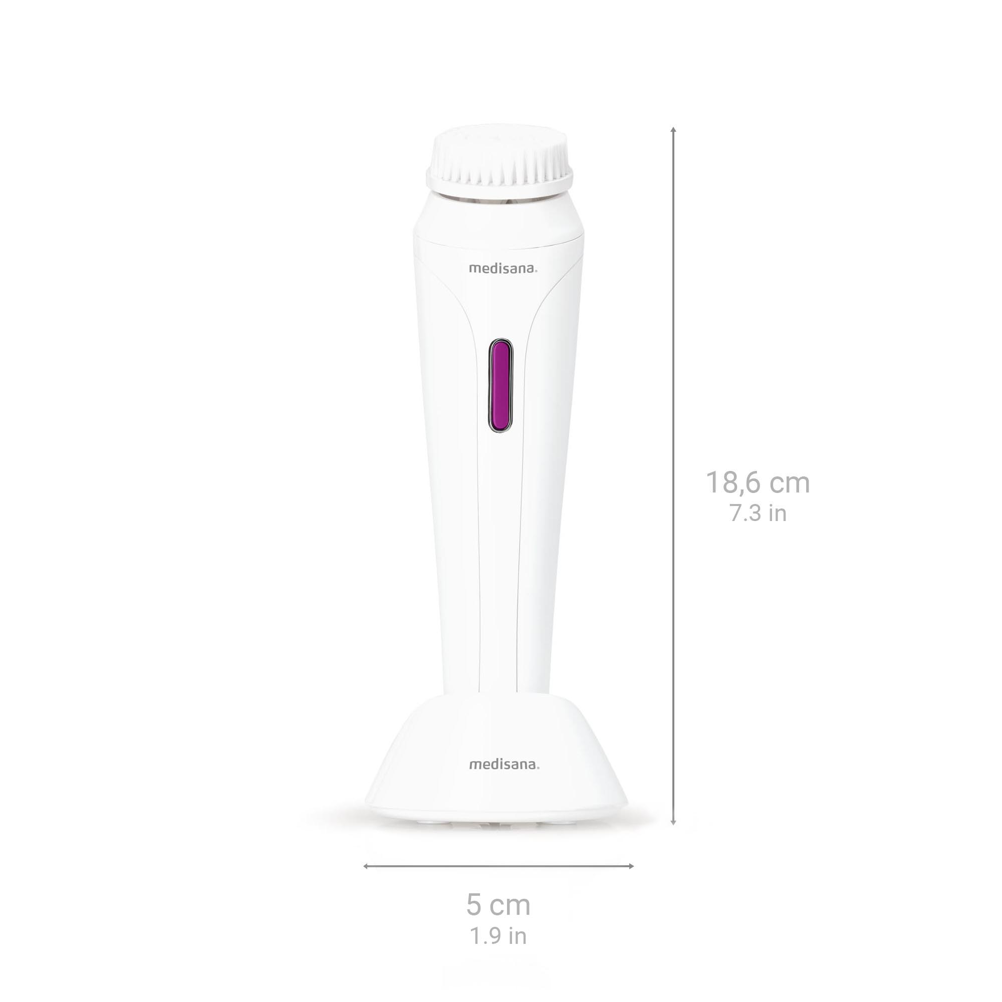 White facial cleansing brush. Features a brush head and a white base.