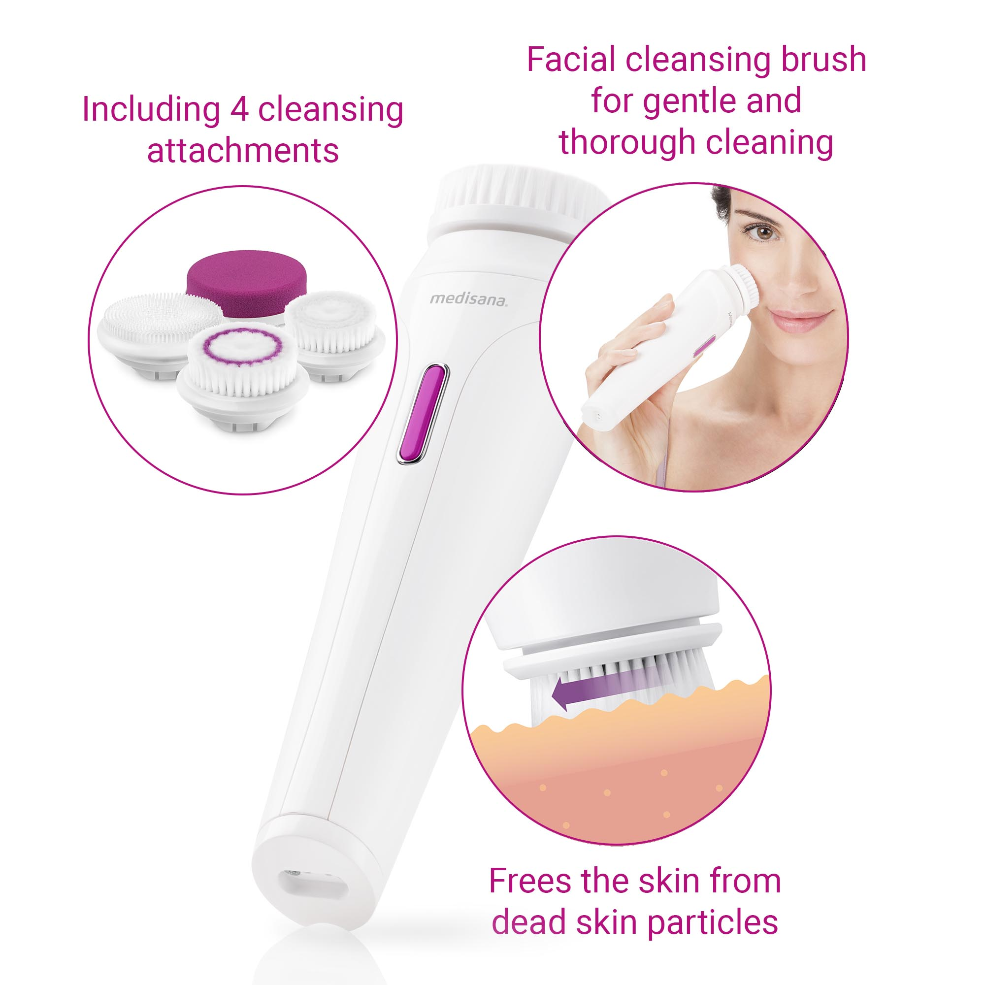 White facial cleansing brush with attachments and a woman using it. Cleanses skin.