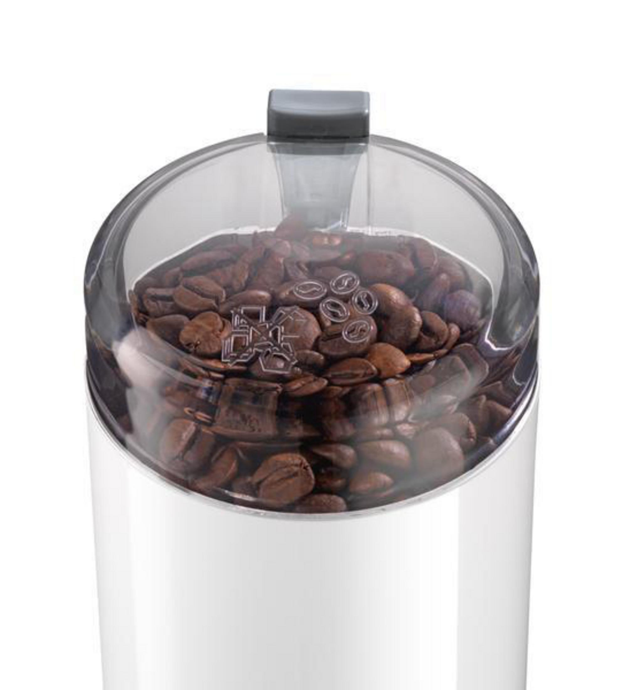 A coffee grinder with beans inside. It's white with a clear lid, showing brown coffee beans.