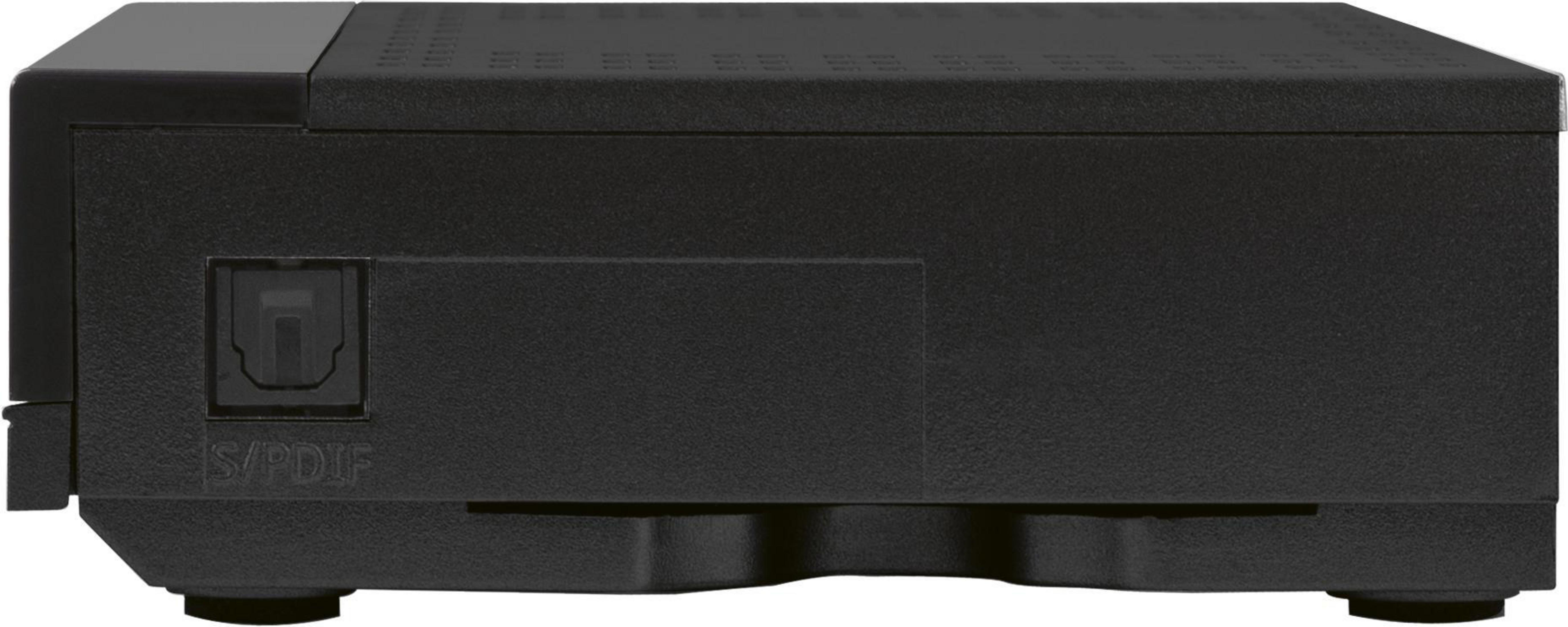 Schwarze Box mit S/PDIF-Anschluss und kleinen Füßen, Seitenansicht.