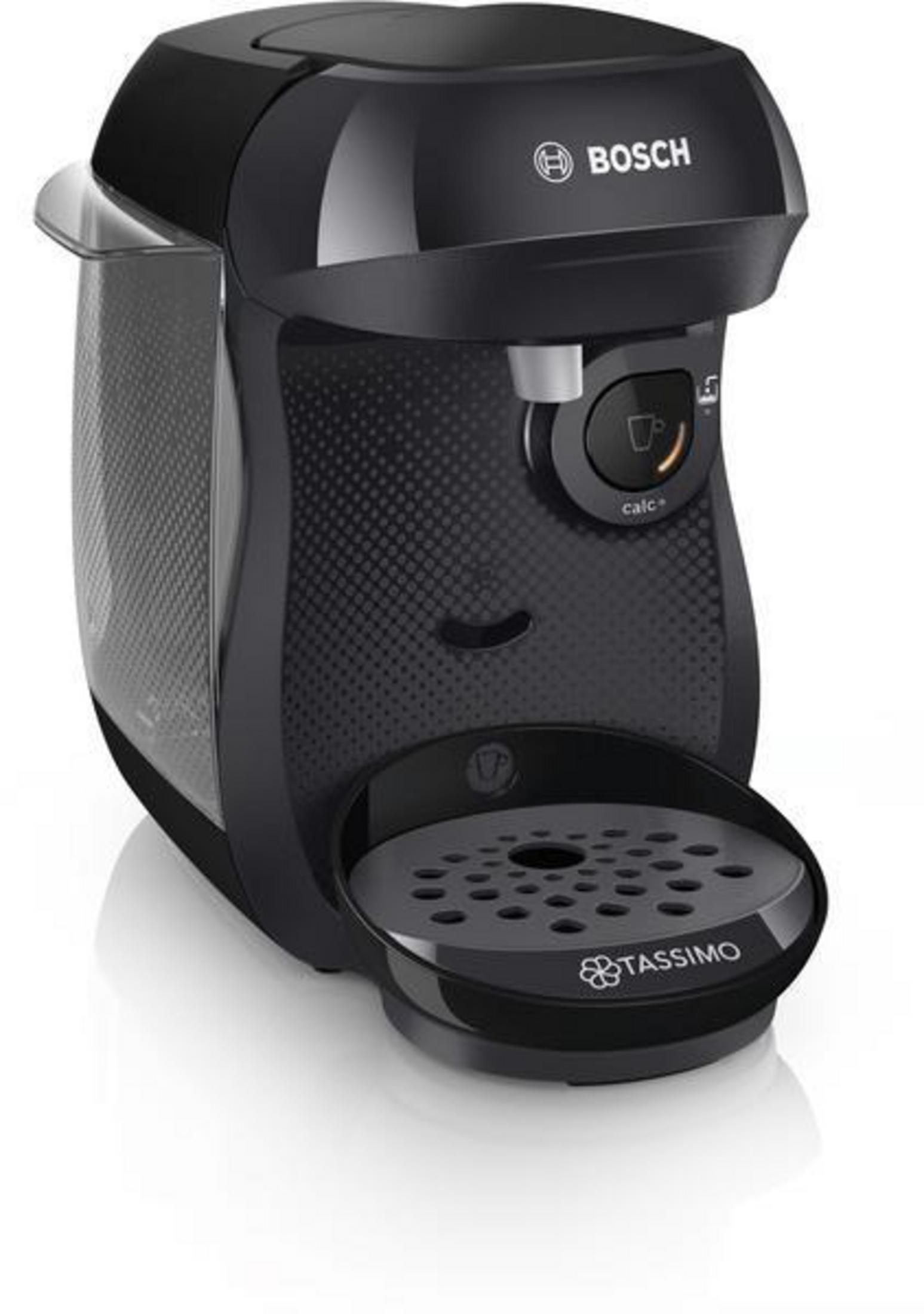 Macchina da caffè Tassimo nera con base nera e serbatoio trasparente.