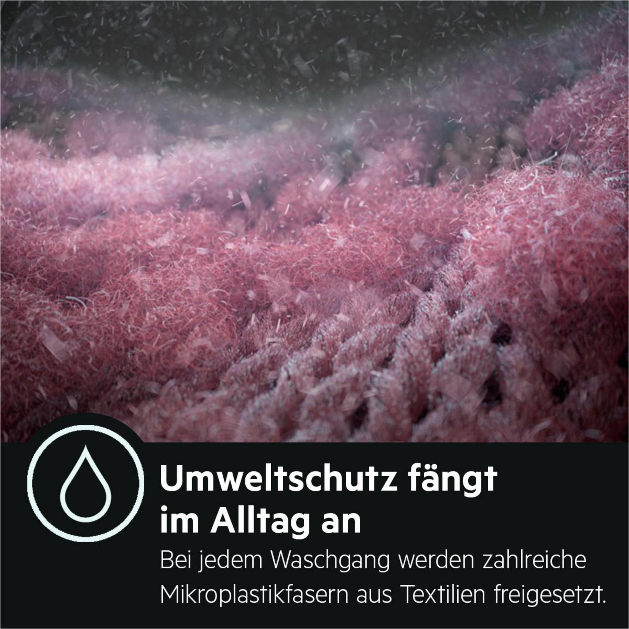 Fibre rosa nell'acqua. Il testo dice: "La protezione ambientale inizia nella vita quotidiana".