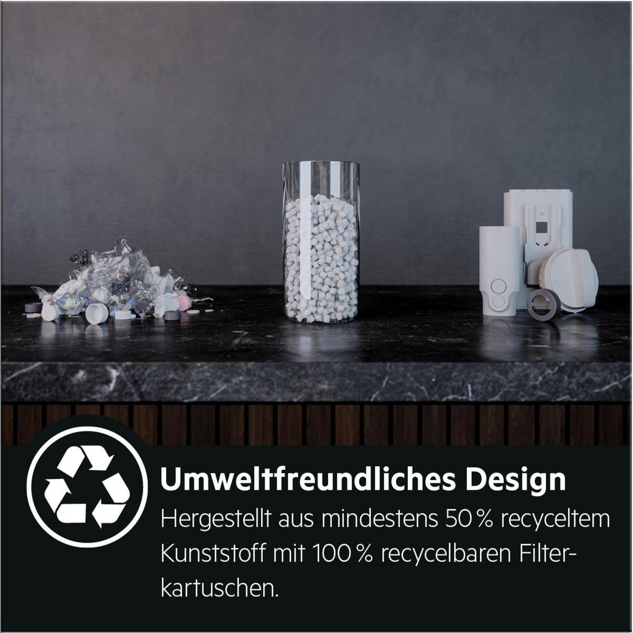 Design di riciclo, con contenitori e un barattolo di vetro con pellet bianchi. Testo: Design ecologico.