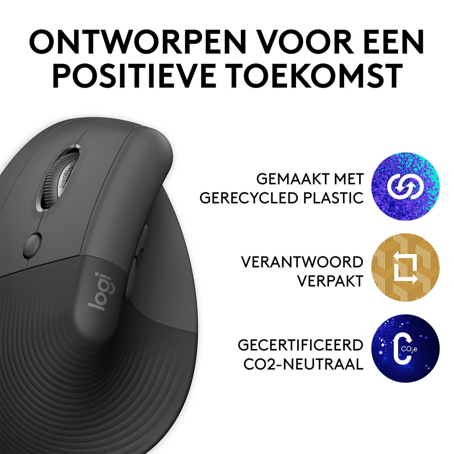Czarna mysz logi z tekstem i ikonami wskazującymi na materiały z recyklingu i neutralne dla CO2.