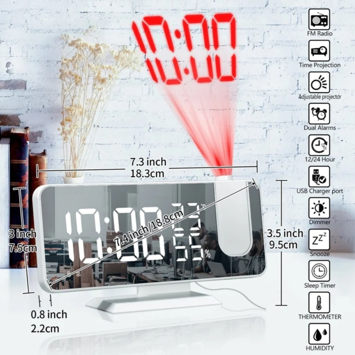 Digitaler Wecker mit roter Projektionszeit. Funktionen umfassen Dual-Alarme, Schlummerfunktion und Temperatur.
