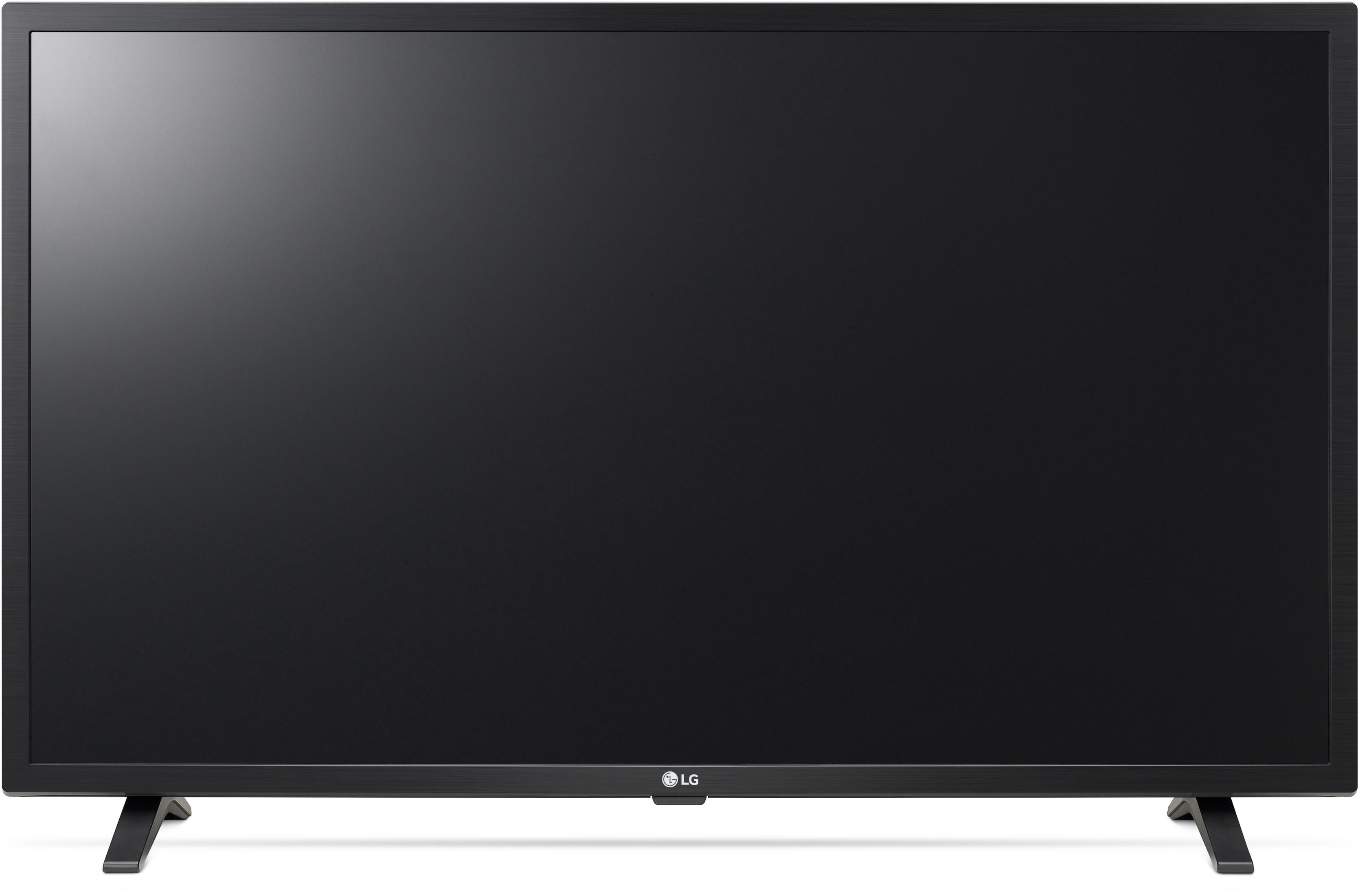 Un televisor LG negro sobre patas negras. La pantalla es negra. El logotipo de LG está en el centro inferior.