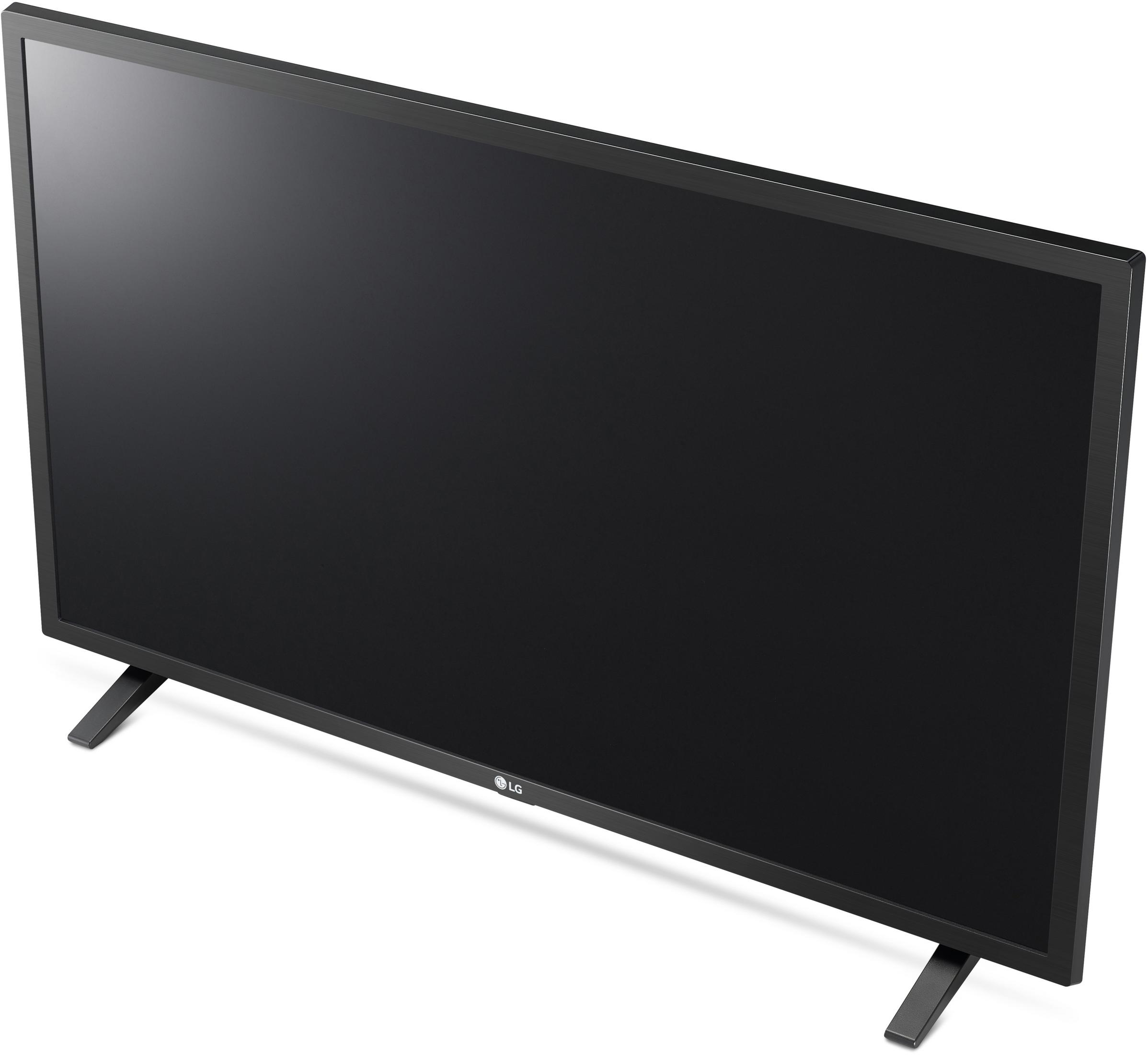 Televisor de pantalla plana negro sobre soportes negros, vista en ángulo.