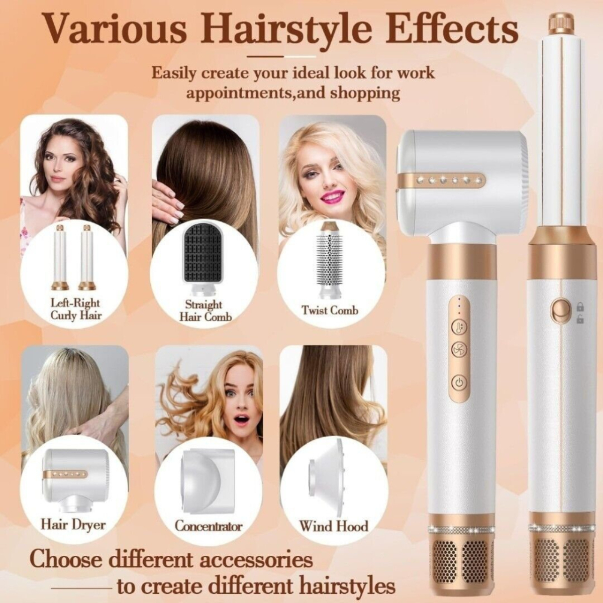 Haarstyling-Werkzeuge mit verschiedenen Aufsätzen, einschließlich Haartrockner, Lockenstab und Glätteisen.