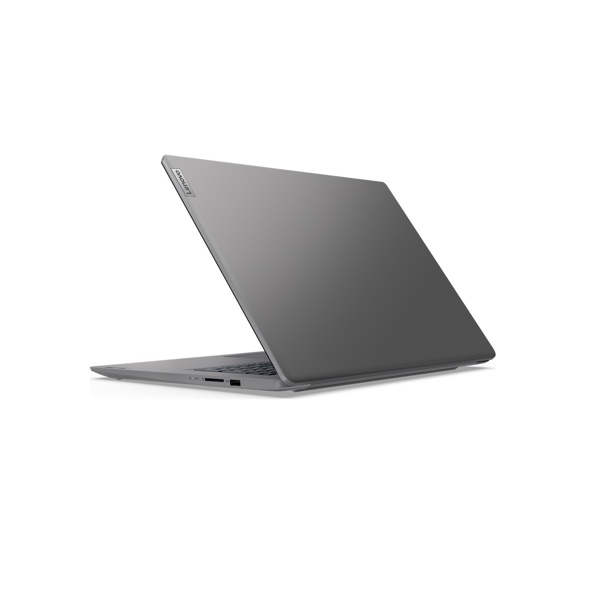 Grauer Laptop mit Lenovo-Logo oben links. Bildschirm geschlossen, in einem Winkel. Weißer Hintergrund.