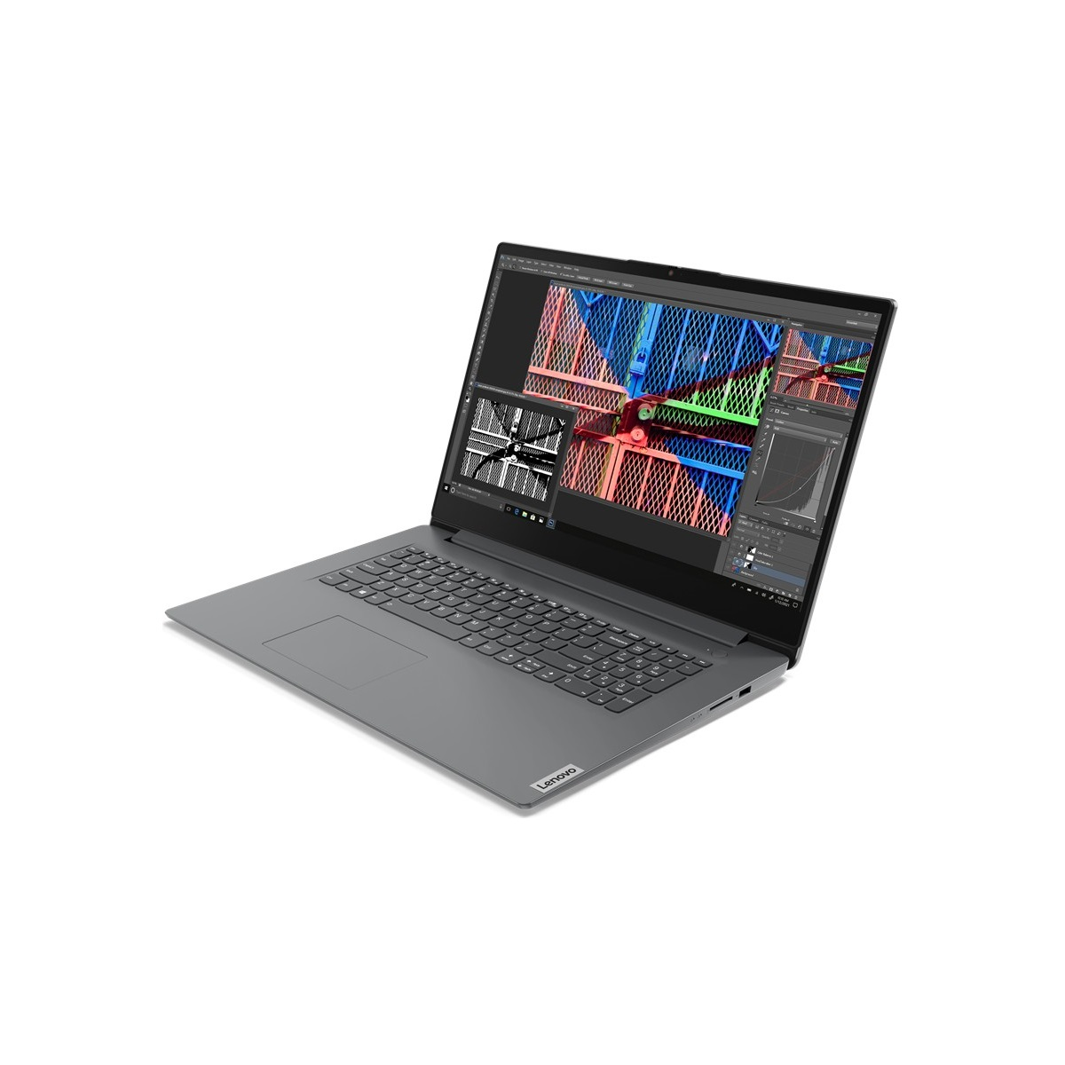 Ein grauer Laptop auf weißem Hintergrund, der eine farbenfrohe Designoberfläche anzeigt.