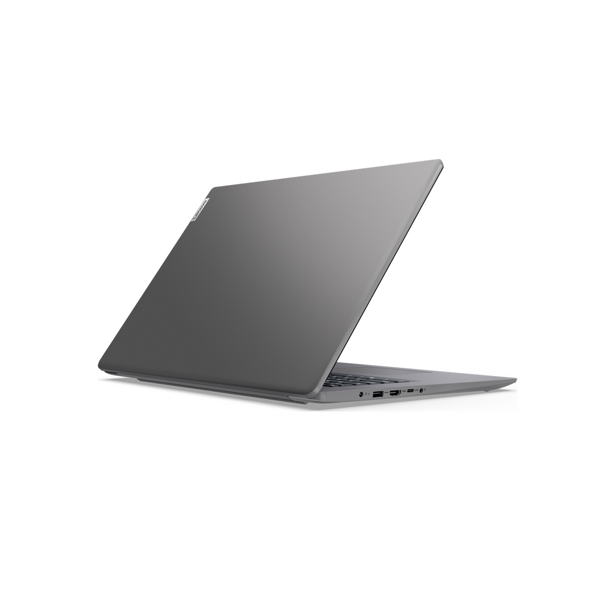 Die Rückseite eines grauen Lenovo-Laptops wird präsentiert, wobei der geschlossene Bildschirm und die Anschlüsse gezeigt werden.