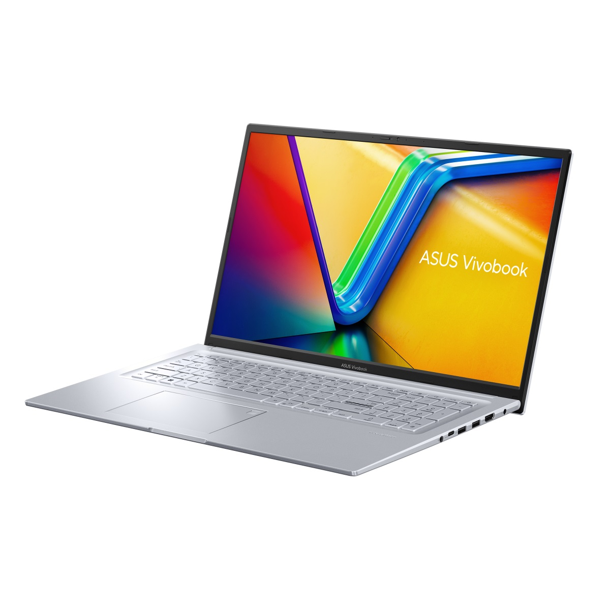 Ein silberner Laptop mit farbenfrohem Bildschirm und ASUS-Logo. Weißer Hintergrund.