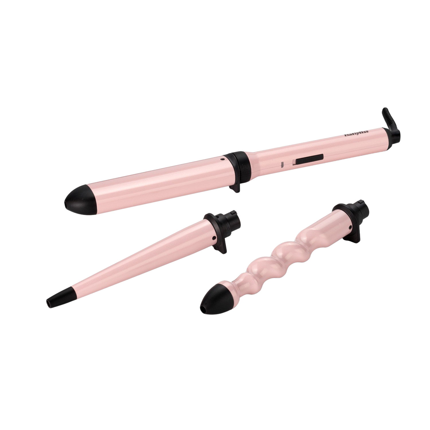 Trzy różowe lokówki z czarnymi końcówkami. Różne rozmiary i kształty. Czarne tło.