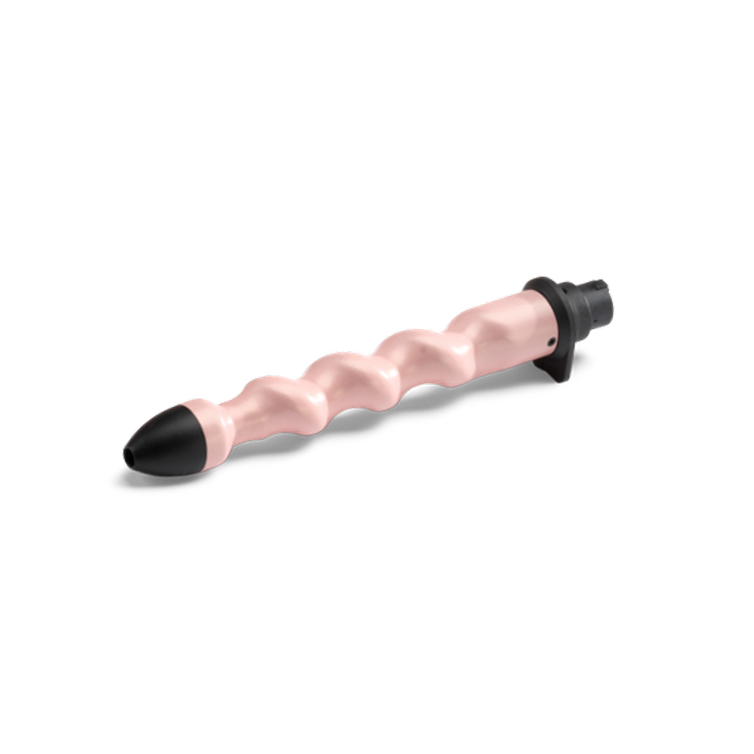 Różowa lokówka z czarną końcówką na czarnym tle. Głowica w kształcie spirali.