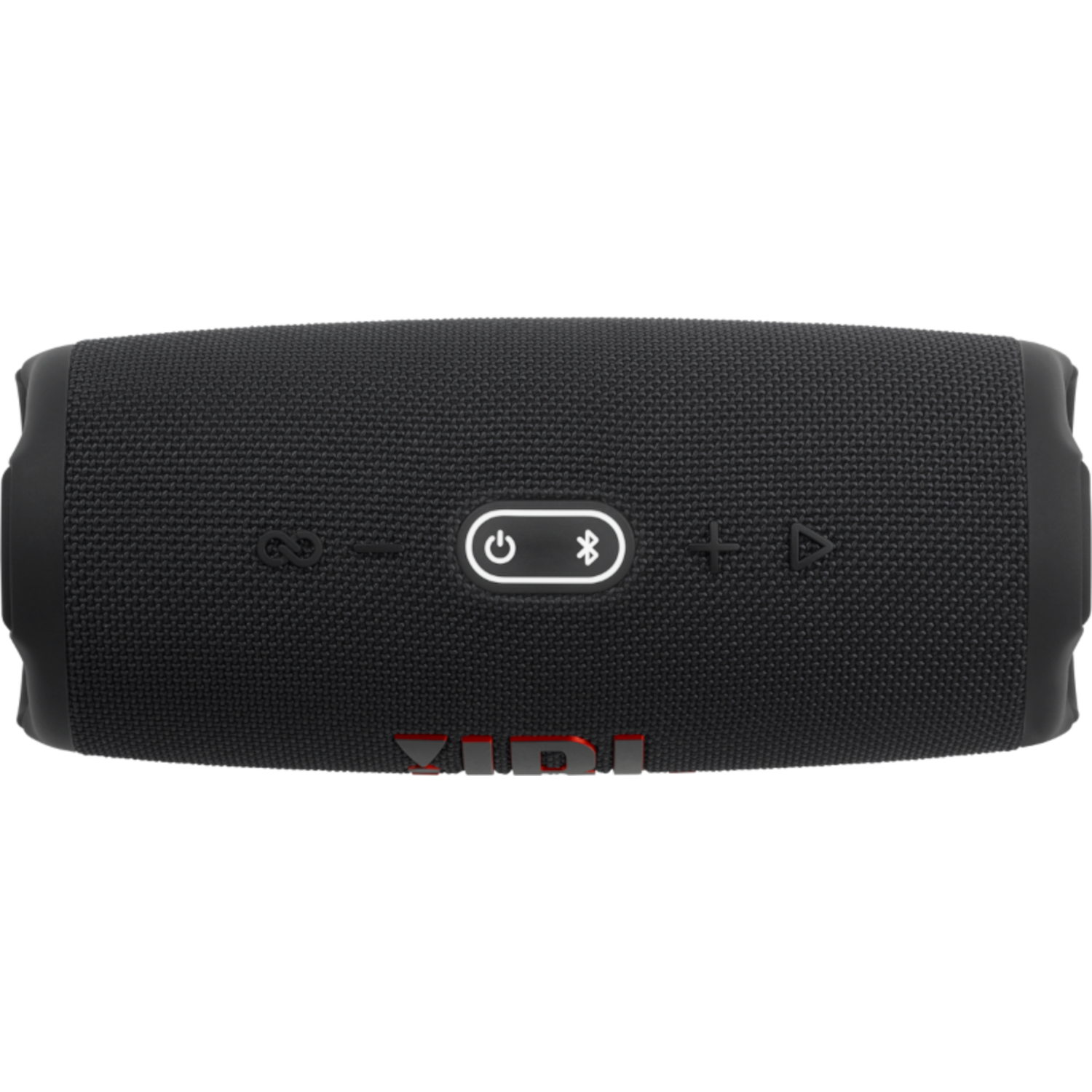 Czarny głośnik przenośny z przyciskami zasilania i Bluetooth oraz regulacją głośności na czarnym tle.