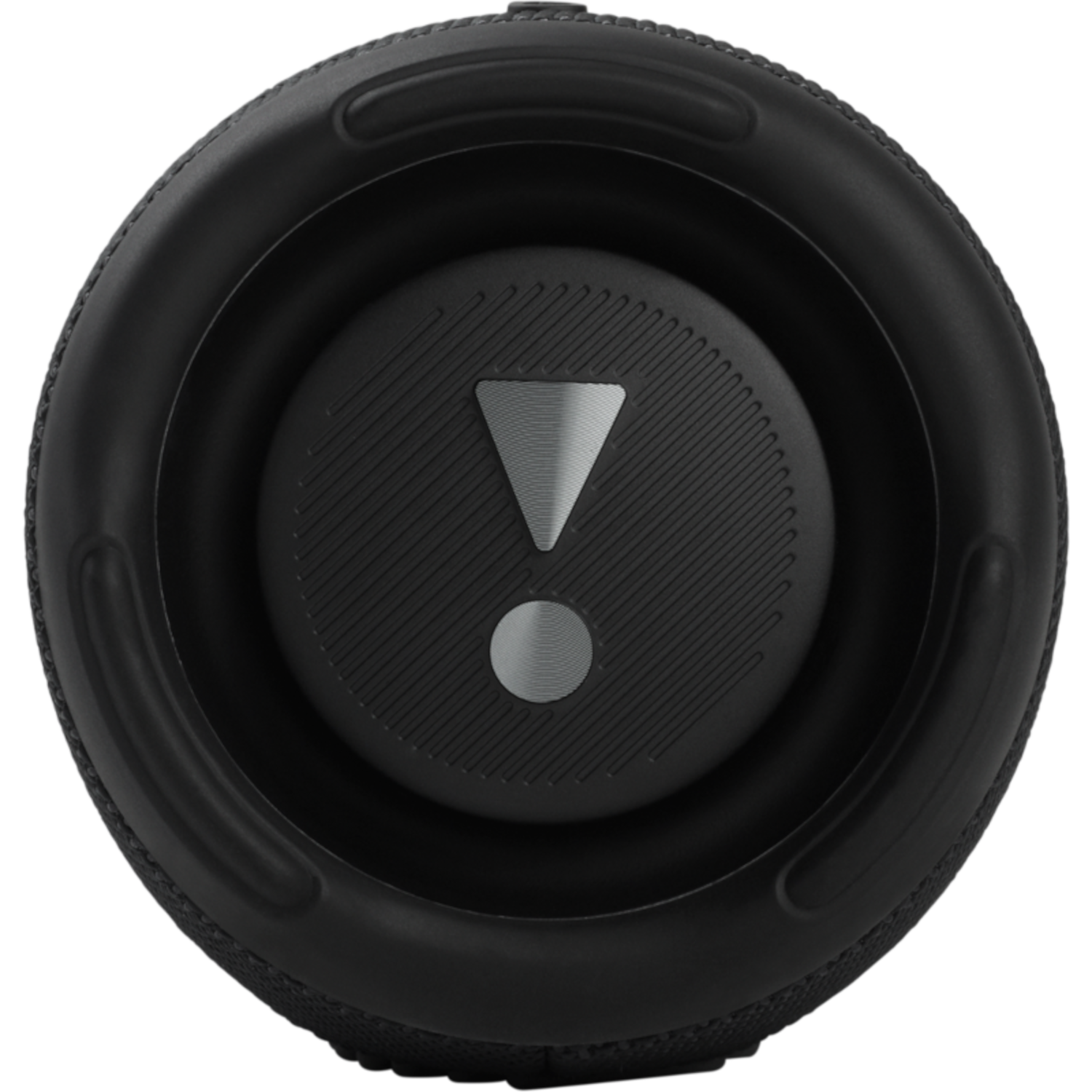 Czarny głośnik ze srebrnym znakiem wykrzyknika pośrodku. Czarne tło.