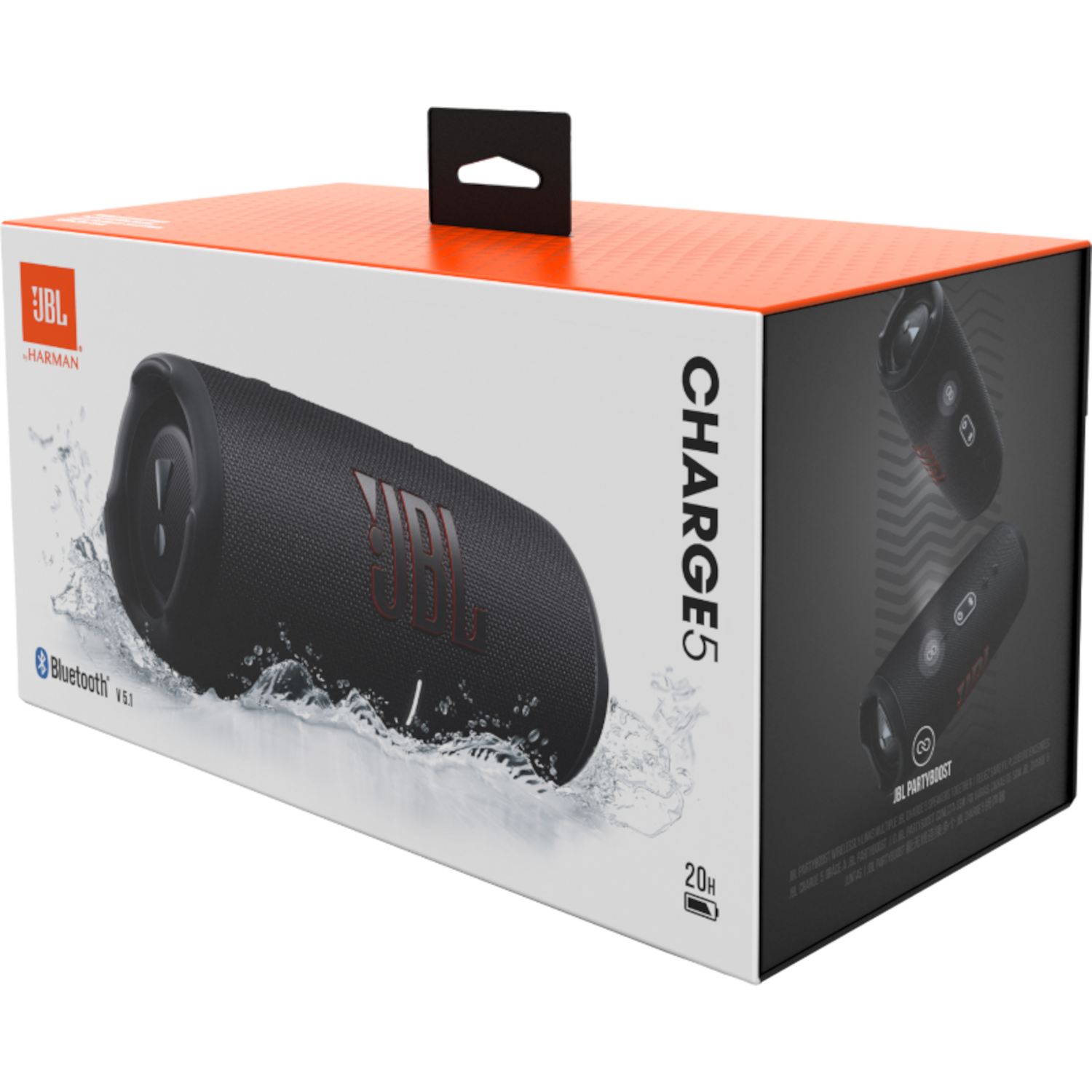 Głośnik JBL Charge 5 w pudełku z uchwytem i dodatkowymi obrazami.