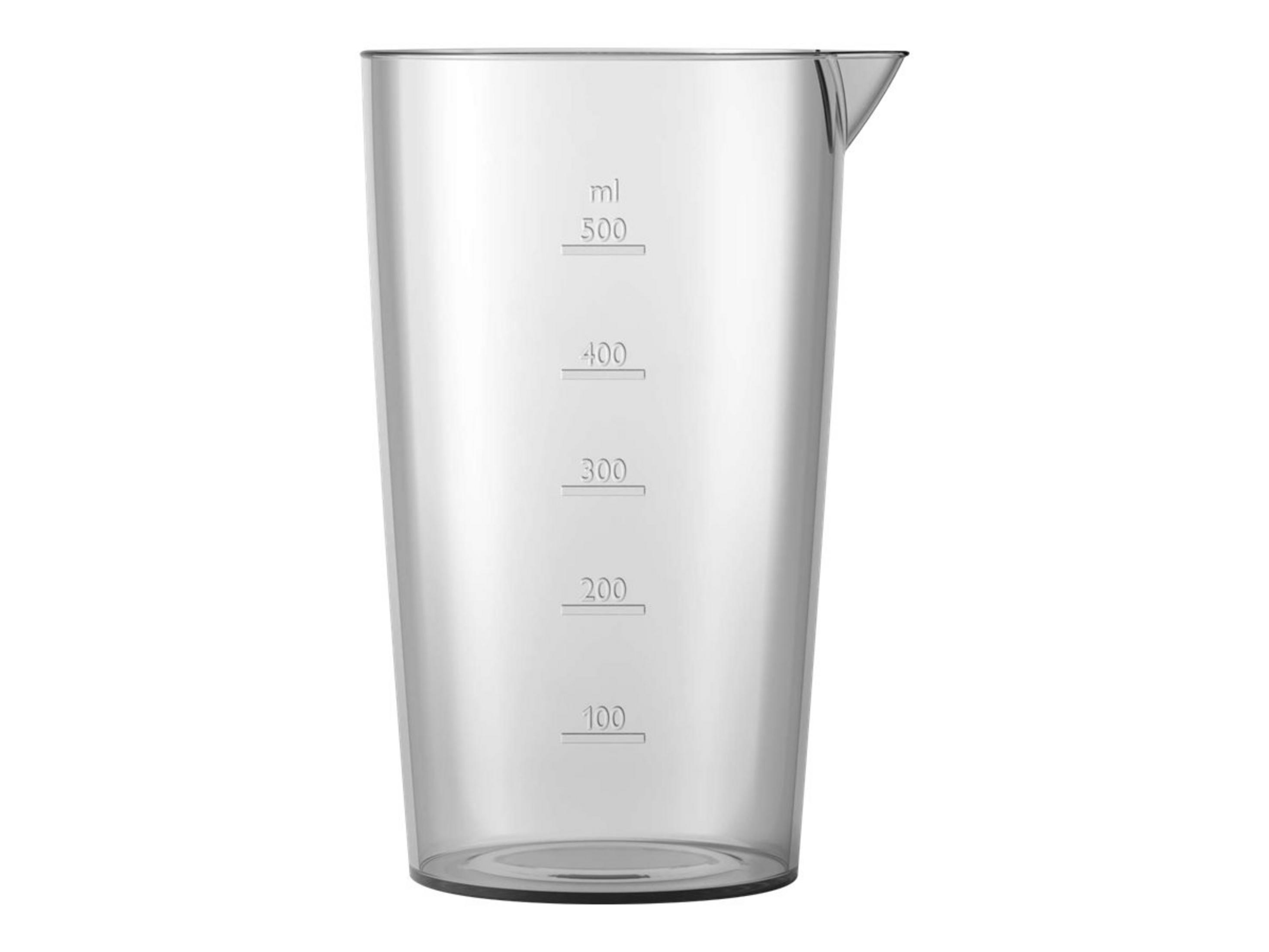 Przezroczysty plastikowy kubek z miarką ml, pusty, na białym tle.