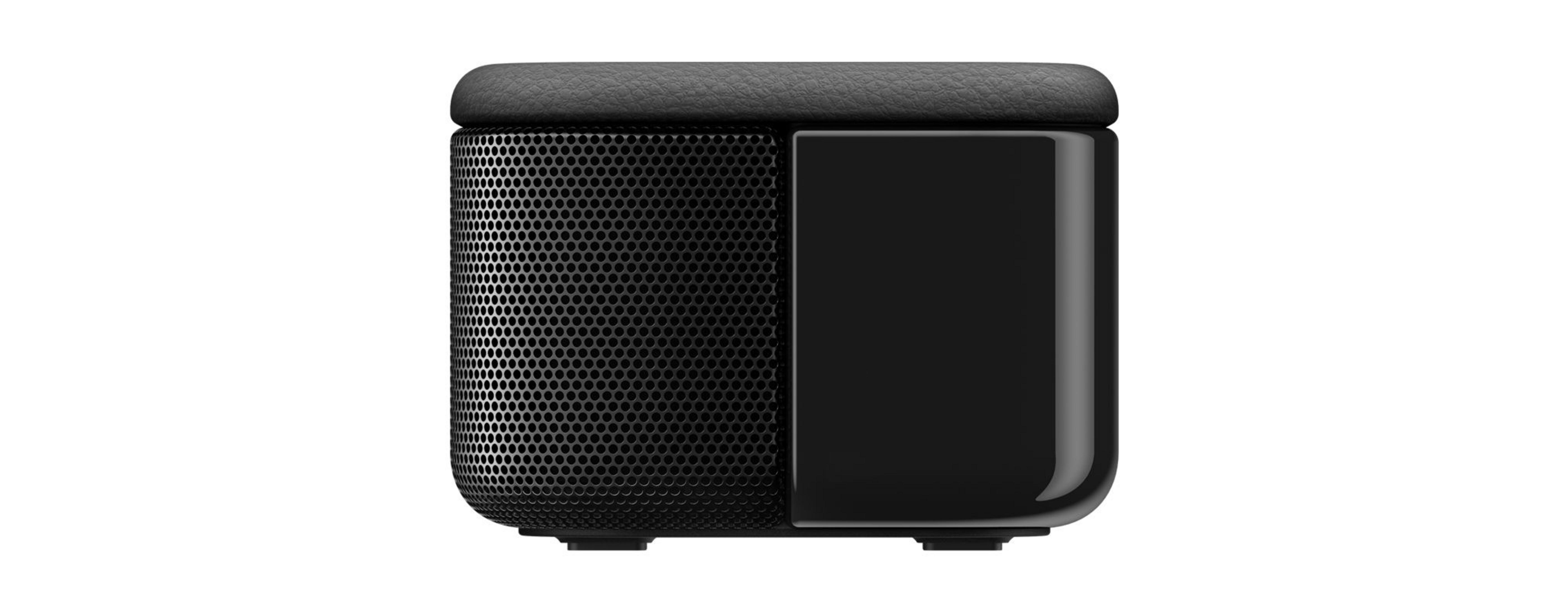 Schwarze Soundbar mit Netzfront und fester Seite. Dunkler Hintergrund.