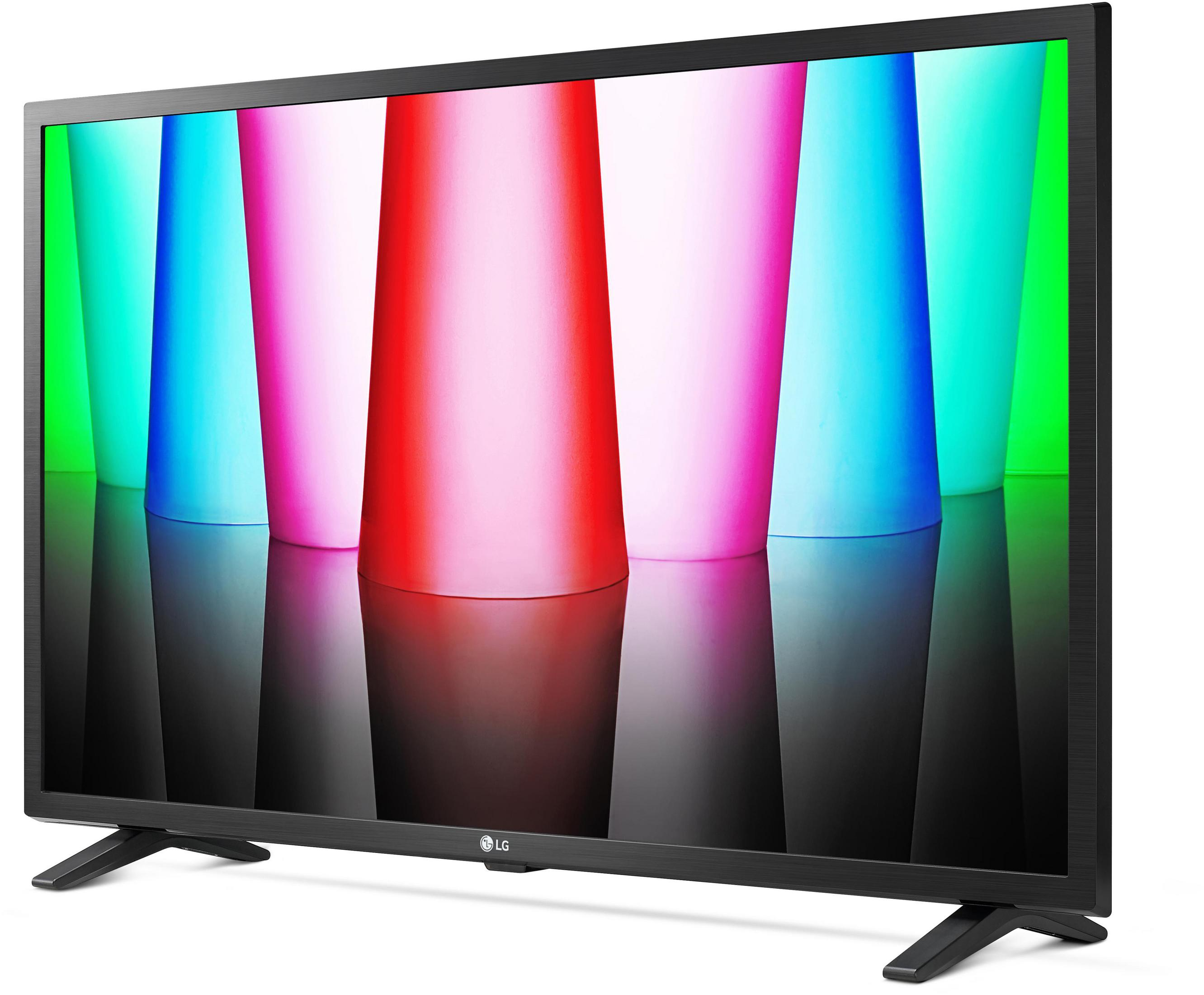 Telewizor z płaskim ekranem wyświetlający kolorowy gradient, z czarną ramą i podstawą, na białym tle.