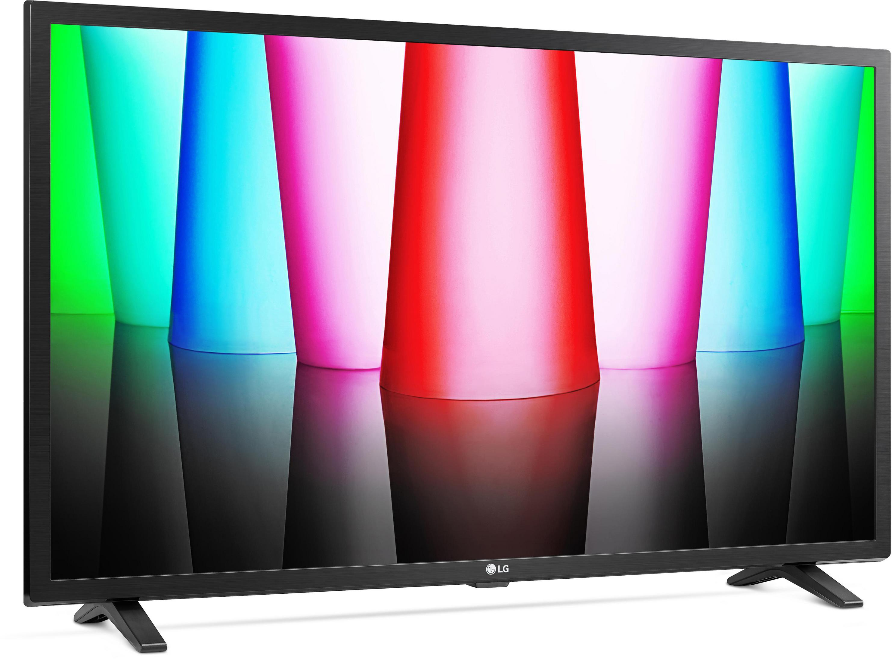 Ekran telewizora LG z kolorowym wyświetlaczem świetlnym czerwonych, białych, zielonych i niebieskich kolumn.