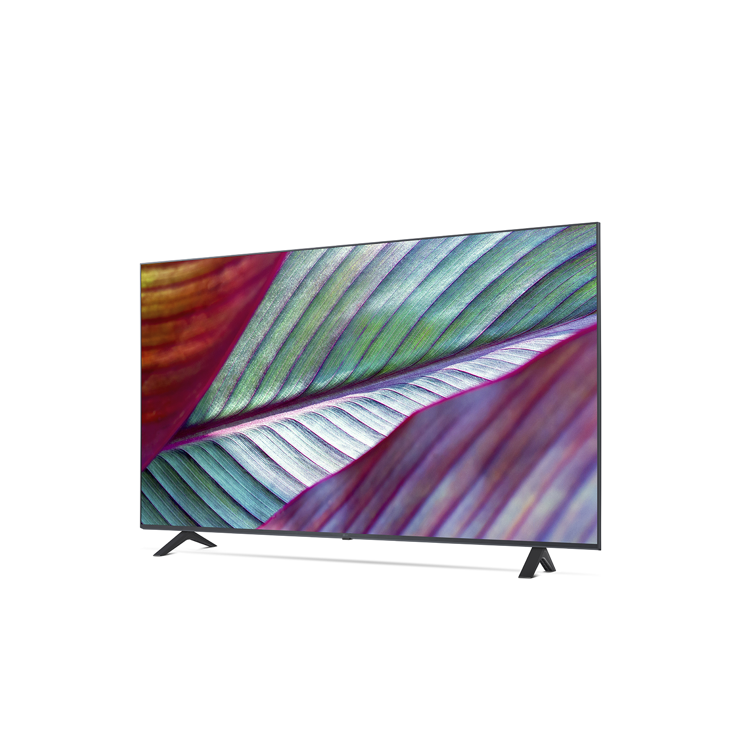 Modern tv-scherm met een kleurrijk bladachtig patroon.