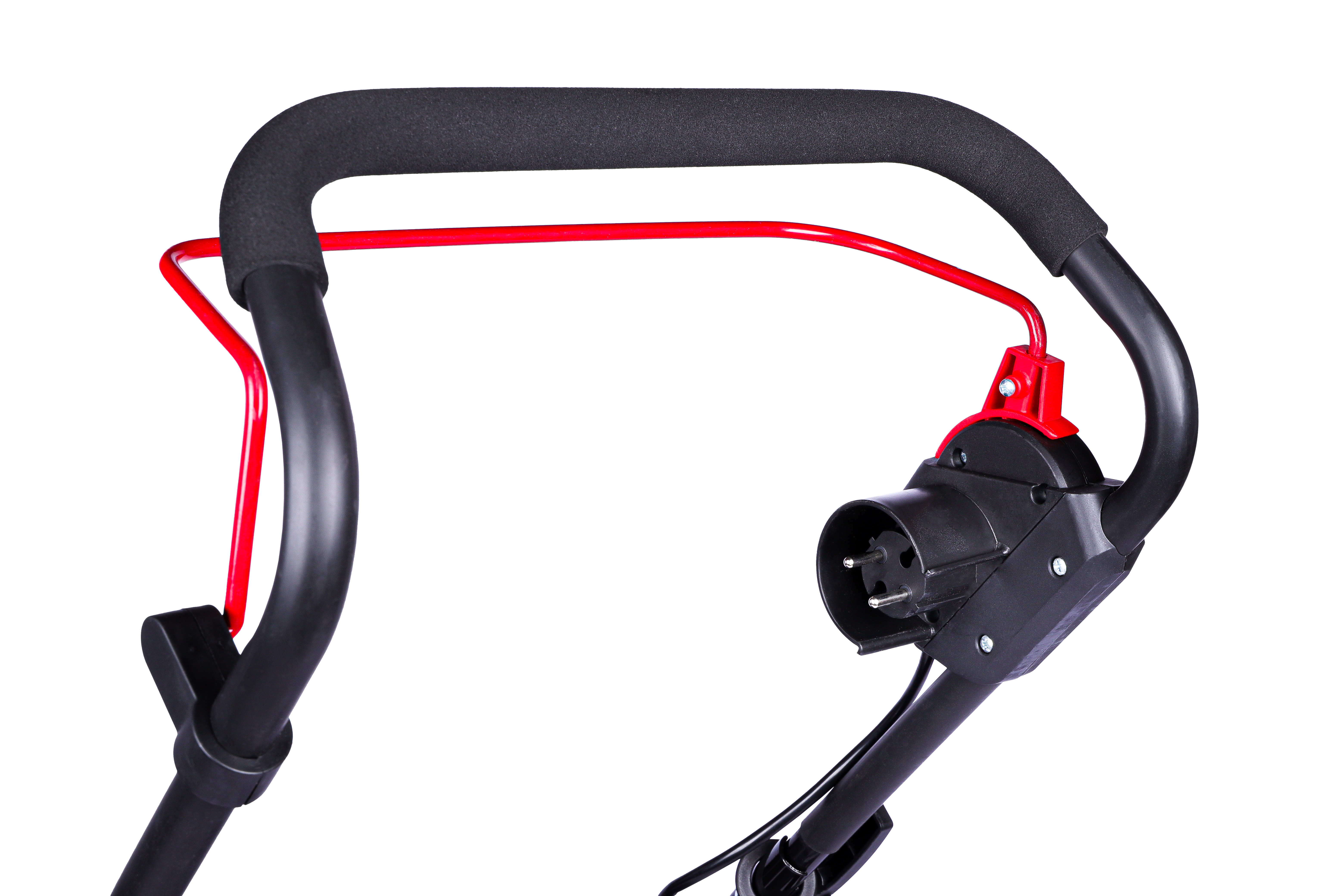 Elektrischer Mähergriff. Schwarze und rote Komponenten. Stecker und Bedienelemente sichtbar.