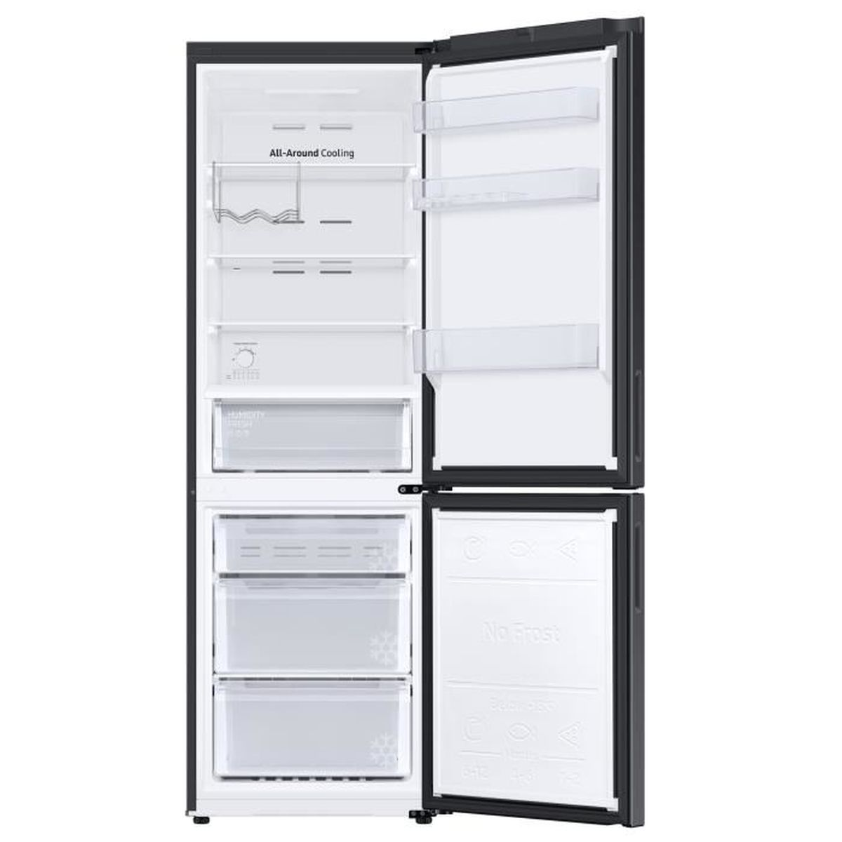 FRIGORIFERO COMBINATO SAMSUNG RB33B612EBN, Capacità netta totale 344 l, Rumorosità: 35 dB(A), 4 ripiani, Dimensioni: L 595 mm A 1853 mm P 658 mm, Nero, Classe E