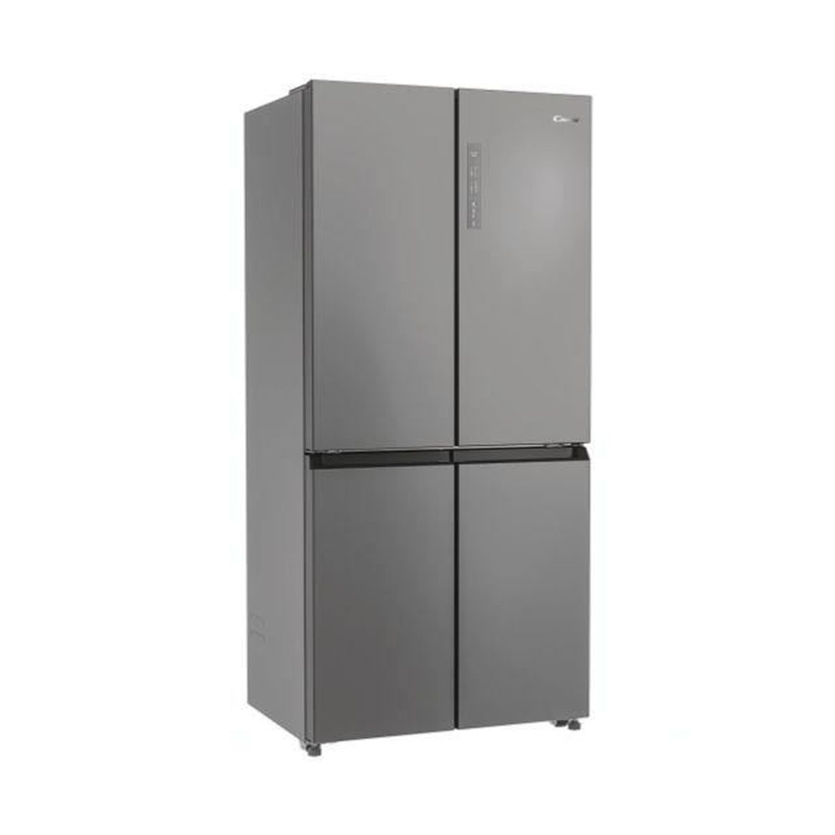 Grauer Kühlschrank mit vier Türen. Er hat einen schwarzen Griff und Sockel.