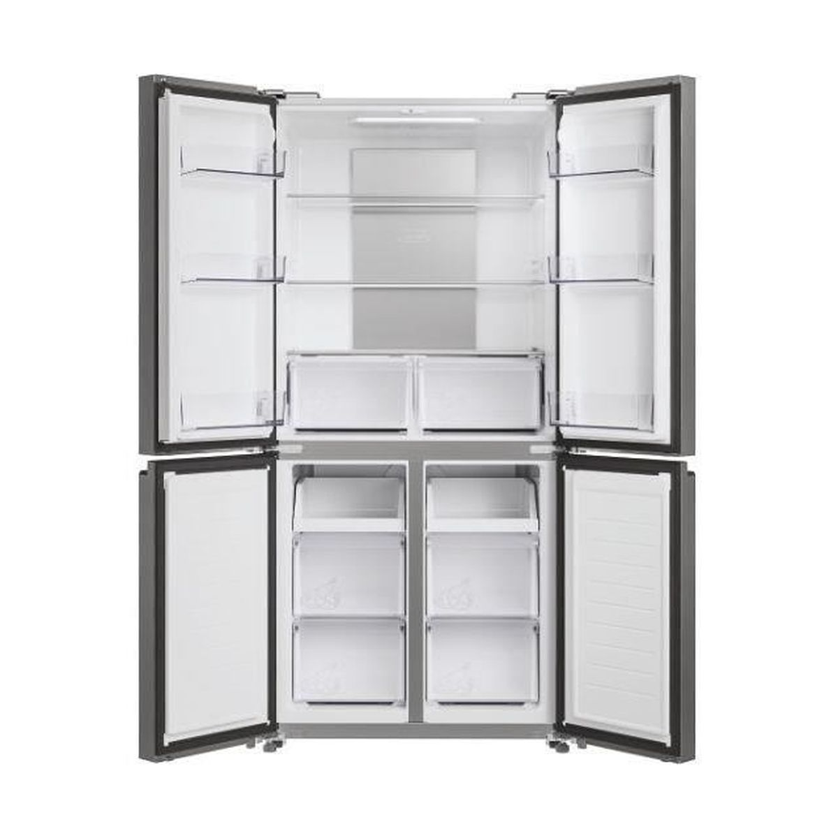 Geöffneter Kühlschrank mit Regalen und Schubladen. Innen weiß, außen grau.