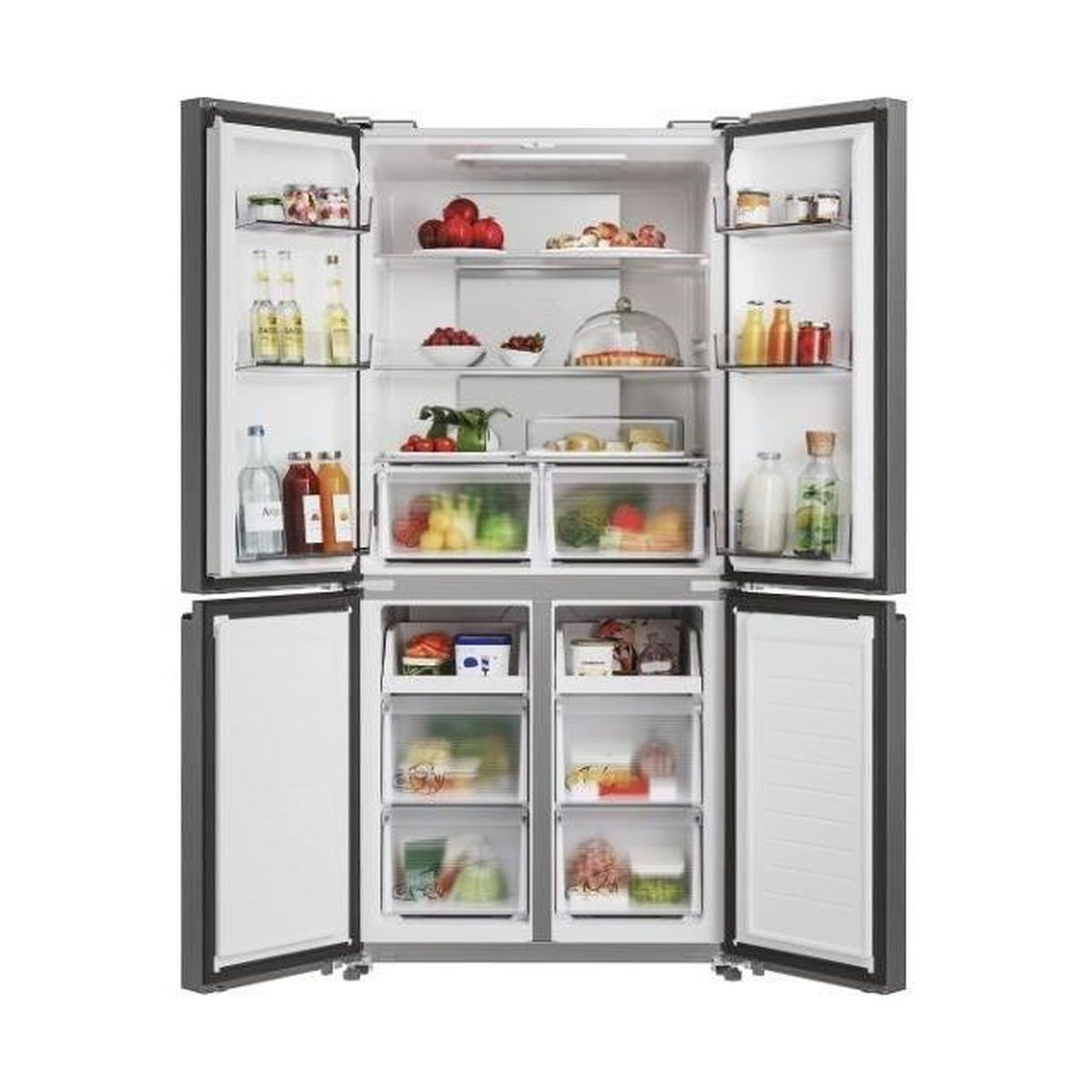 Offener Kühlschrank mit vollen Regalen mit Lebensmitteln, weißem Innenraum und schwarzem Äußeren.