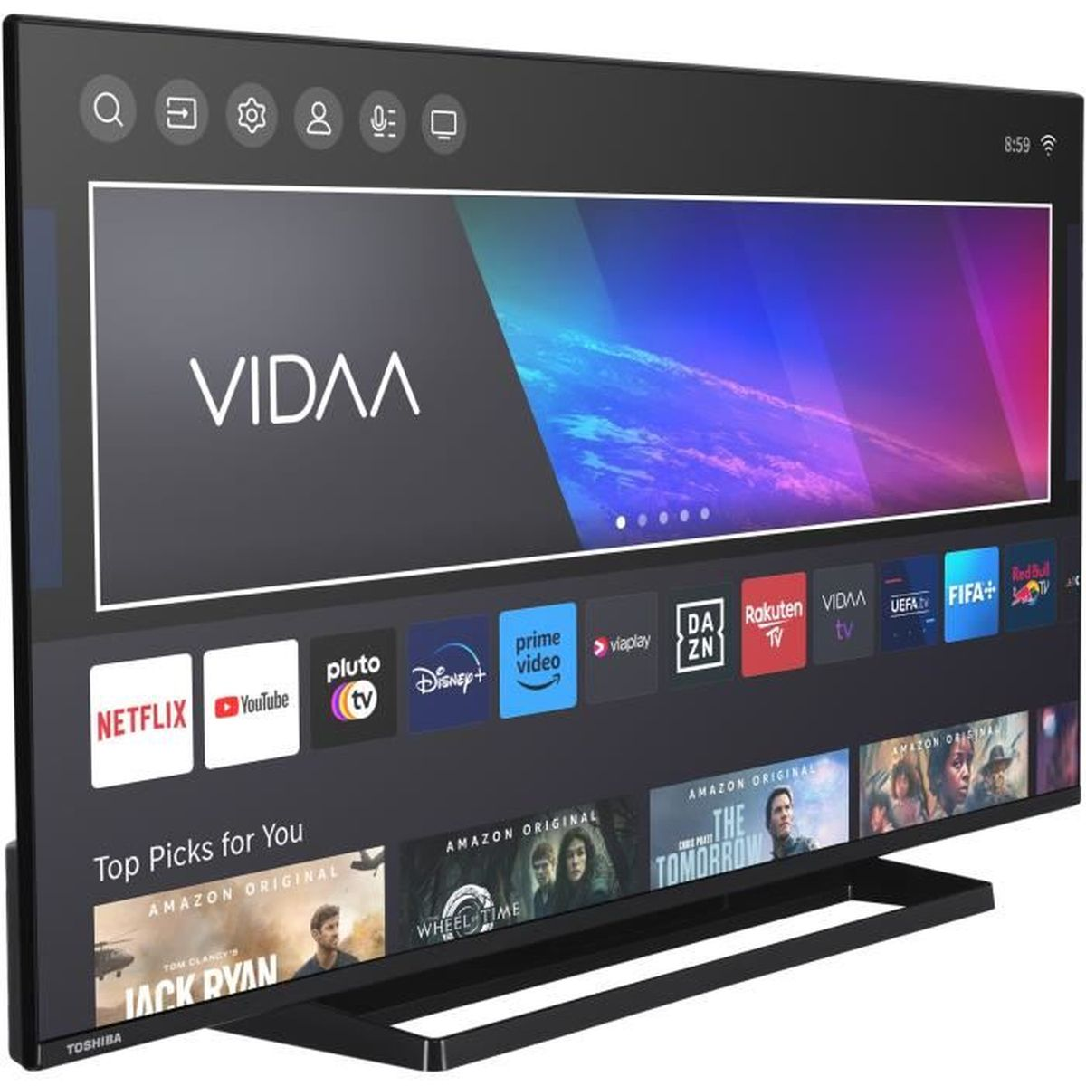 Téléviseur Toshiba noir affichant l'interface VIDAA avec des icônes d'applications. Il a un pied et un cadre noirs. Marque visible.