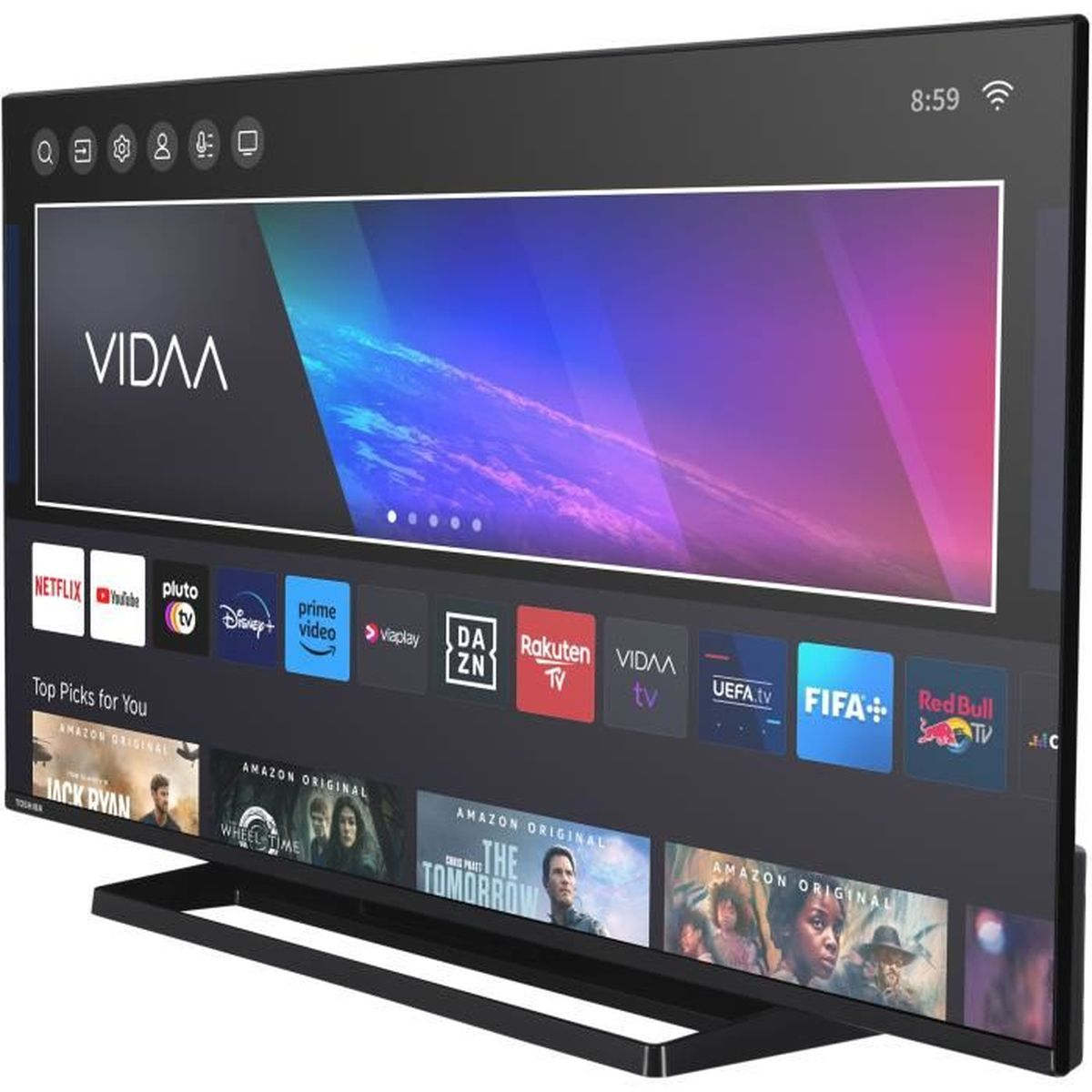 Grand écran de télévision noir affichant des applications et des films. Cadre et pied noirs.