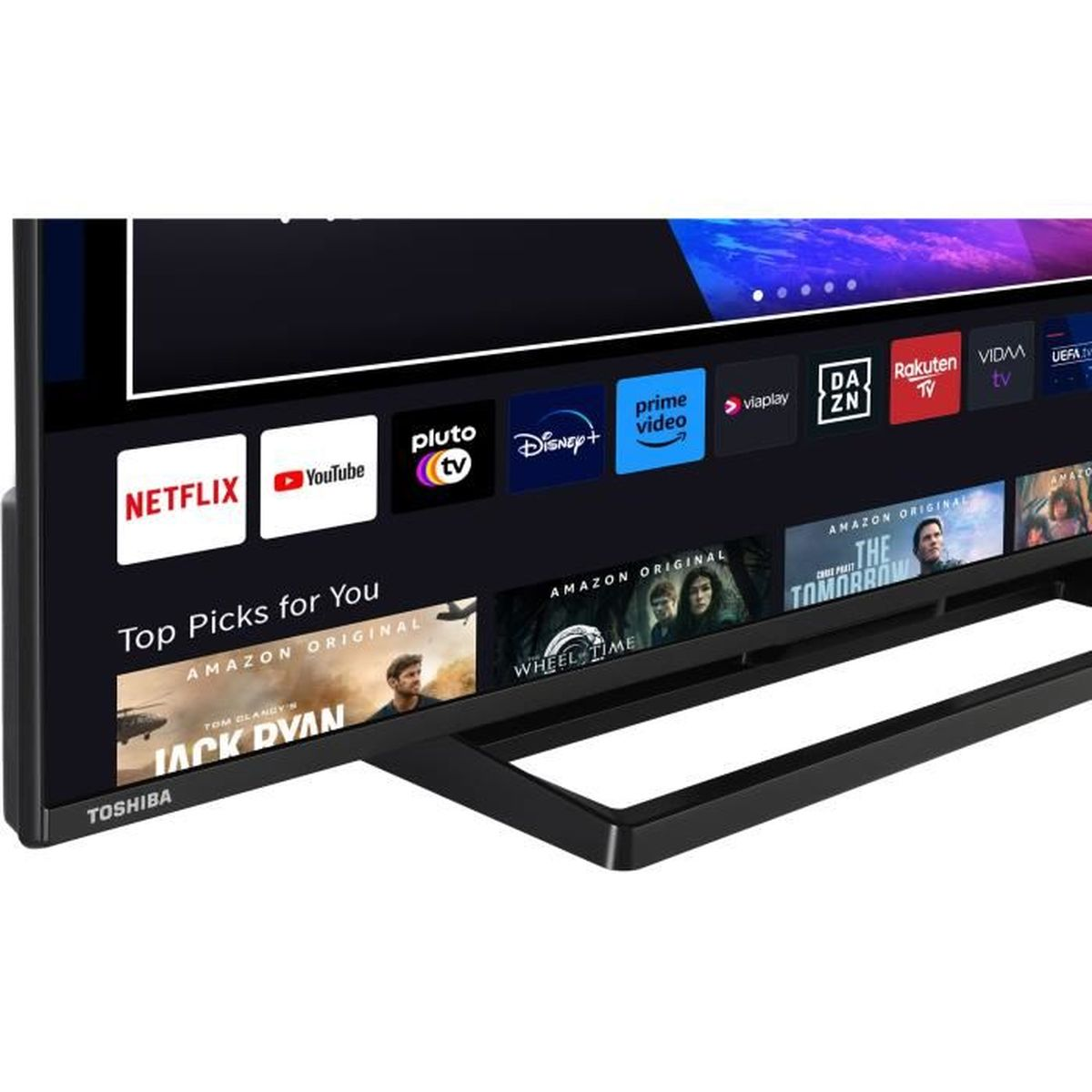 Schwarzer Toshiba TV-Bildschirm mit verschiedenen Streaming-App-Logos.