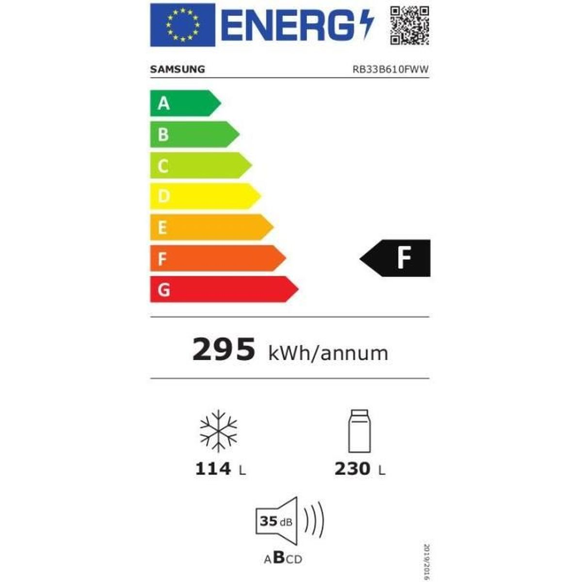 FRIGORIFERO COMBINATO SAMSUNG RB33B610FWW, 2 Porte, L 59.5 cm, No Frost, Capacità netta totale 344 l, Rumorosità: 35 dB(A), 4 ripiani, Dimensioni: L 59,5 cm A 185,3 cm P 65,8 cm, Bianco, Classe F