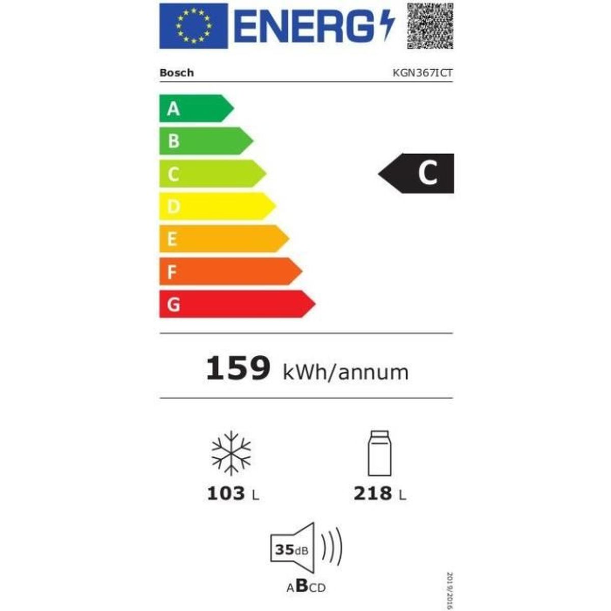 Energielabel für einen Kühlschrank mit Energieeffizienz, Kapazität und Geräuschpegel.